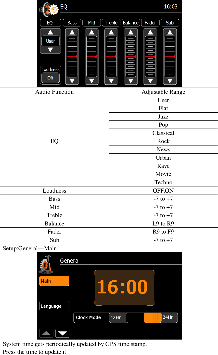    Audio Function Adjustable Range EQ User Flat Jazz Pop Classical Rock News Urban Rave Movie Techno Loudness OFF,ON Bass -7 to +7 Mid -7 to +7 Treble -7 to +7 Balance L9 to R9 Fader R9 to F9 Sub -7 to +7 Setup:General&mdash;Main  System time gets periodically updated by GPS time stamp. Press the time to update it. 