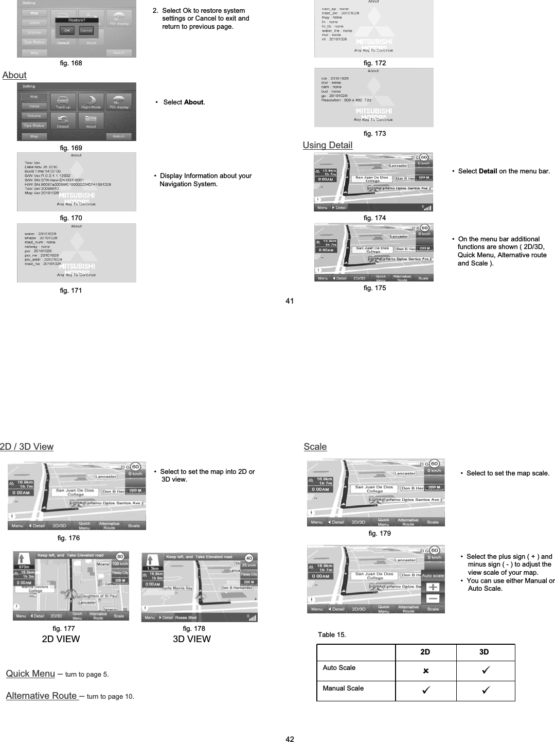 &bull; Select About.2.  Select Ok to restore system settings or Cancel to exit and return to previous page.fig. 168Aboutfig. 169&bull; Display Information about your Navigation System.fig. 170fig. 171Using Detailfig. 172fig. 173&bull; On the menu bar additional functions are shown ( 2D/3D, Quick Menu, Alternative route  and Scale ). fig. 174&bull; Select Detail on the menu bar.fig. 17541&bull; Select to set the map into 2D or 3D view.3D VIEW2D VIEWfig. 176fig. 177 fig. 178Quick Menu &ndash;turn to page 5.Alternative Route &ndash;turn to page 10.Scale2D / 3D View&bull; Select to set the map scale.fig. 179&bull; Select the plus sign ( + ) and minus sign ( - ) to adjust the view scale of your map.&bull; You can use either Manual or Auto Scale.2D 3DAuto Scale 89Manual Scale 99Table 15.42