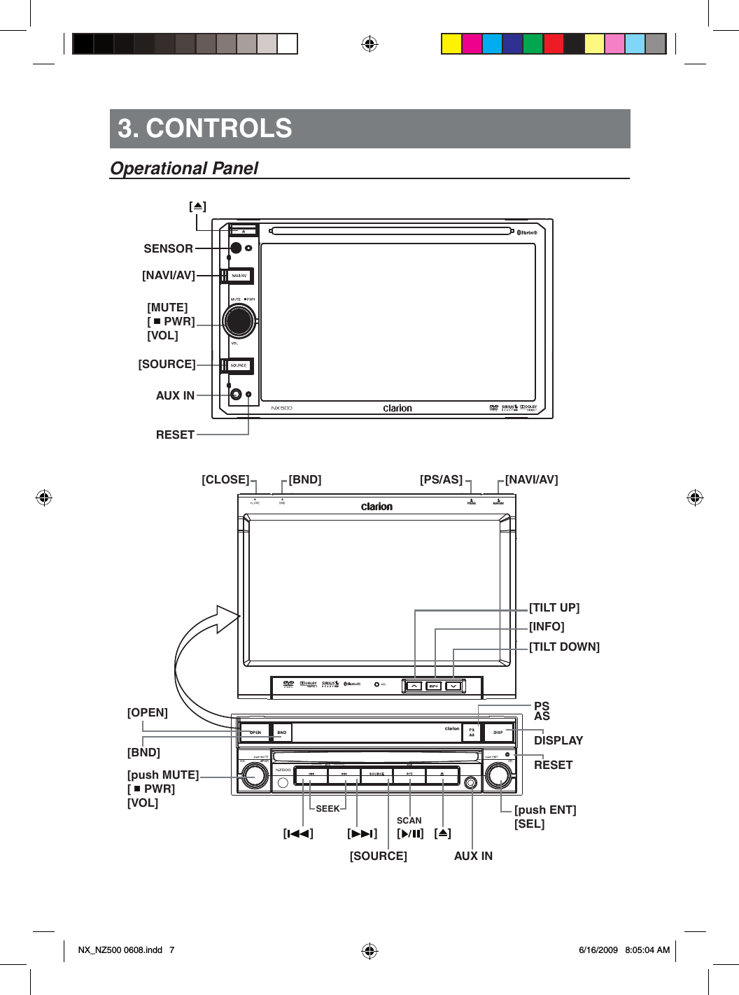 PS/AS NAVI/AV3. CONTROLSOperational Panel[   ][MUTE][    PWR][VOL][SOURCE][NAVI/AV]AUX INSENSORRESET[CLOSE] [BND] [PS/AS] [NAVI/AV][push MUTE][    PWR][VOL][       ] [       ][SOURCE][      ] [   ][push ENT][SEL][INFO][TILT DOWN][TILT UP]SEEKSCANAUX INRESETDISPLAYPSAS[OPEN][BND]NX_NZ500 0608.indd   7 6/16/2009   8:05:04 AM