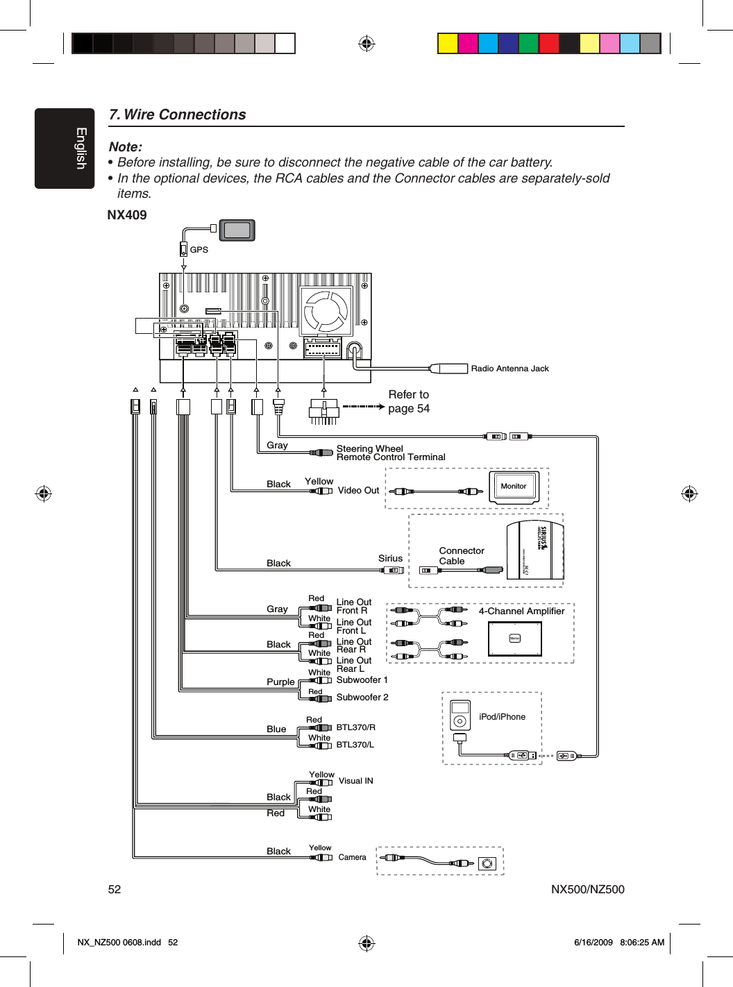 EnglishNX500/NZ50052iPod4-Channel AmplifierSubwoofer 1Subwoofer 2BTL370/RBTL370/LLine Out Rear RLine Out Rear LLine Out Front RLine Out Front LPurpleBlueRedBlackGrayBlackWhiteRedWhiteSteering WheelRemote Control TerminalYellowMonitorYellowConnectorCableSiriusSIRIUS CONNECT VEHICLE TUNERYellowWhiteRedRadio Antenna JackGPSWhiteRedRedRedWhiteGrayBlackBlackBlackCamera7. Wire ConnectionsNote:&bull;Before installing, be sure to disconnect the negative cable of the car battery.&bull;In the optional devices, the RCA cables and the Connector cables are separately-sold items.NX409Refer to page 54iPod/iPhoneNX_NZ500 0608.indd   52 6/16/2009   8:06:25 AMVideo Out Visual IN