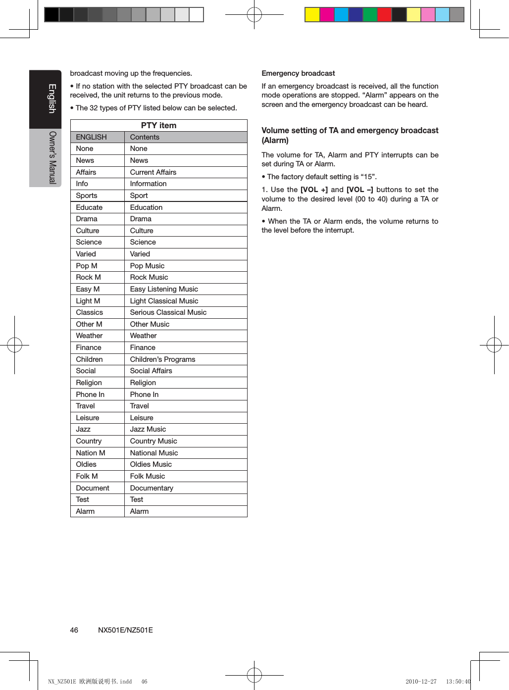 46          NX501E/NZ501EEnglishOwner&rsquo;s Manualbroadcast moving up the frequencies.&bull; If no station with the selected PTY broadcast can be received, the unit returns to the previous mode.&bull; The 32 types of PTY listed below can be selected.PTY itemENGLISH  Contents None NoneNews  News Affairs  Current Affairs Info  Information Sports  Sport Educate  Education Drama  Drama Culture  Culture Science  Science Varied  Varied Pop M  Pop Music Rock M  Rock Music Easy M  Easy Listening Music Light M  Light Classical Music Classics  Serious Classical Music Other M  Other Music Weather  Weather Finance  Finance Children  Children&rsquo;s Programs Social  Social Affairs Religion  Religion Phone In  Phone In Travel  Travel Leisure  Leisure Jazz  Jazz Music Country  Country Music Nation M  National Music Oldies  Oldies Music Folk M  Folk Music Document  Documentary Test TestAlarm  Alarm Emergency broadcastIf an emergency broadcast is received, all the function mode operations are stopped. &ldquo;Alarm&rdquo; appears on the screen and the emergency broadcast can be heard.Volume setting of TA and emergency broadcast (Alarm)The volume for TA, Alarm and PTY interrupts can be set during TA or Alarm.&bull; The factory default setting is &ldquo;15&rdquo;.1. Use the [VOL +] and [VOL &ndash;] buttons to set the volume to the desired level (00 to 40) during a TA or Alarm.&bull; When the TA or Alarm ends, the volume returns to the level before the interrupt.NX_NZ501E 欧洲版说明书.indd   46 2010-12-27   13:50:40
