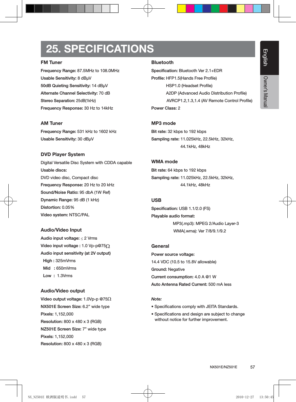 NX501E/NZ501E             57EnglishEnglishOwner&rsquo;s Manual25. SPECIFICATIONSFM TunerFrequency Range: 87.5MHz to 108.0MHz Usable Sensitivity: 8 dB&micro;V50dB Quieting Sensitivity: 14 dB&micro;VAlternate Channel Selectivity: 70 dBStereo Separation: 25dB(1kHz)Frequency Response: 30 Hz to 14kHzAM TunerFrequency Range: 531 kHz to 1602 kHz Usable Sensitivity: 30 dB&micro;VDVD Player SystemDigital Versatile Disc System with CDDA capableUsable discs: DVD video disc, Compact discFrequency Response: 20 Hz to 20 kHz Sound/Noise Ratio: 95 dbA (1W Ref)Dynamic Range: 95 dB (1 kHz)Distortion: 0.05%Video system: NTSC/PALAudio/Video InputAudio input voltage: &le; 2 VrmsVideo input voltage : 1.0 Vp-p@75Audio input sensitivity (at 2V output)  High : 325mVrms  Mid   : 650mVrms  Low  :  1.3VrmsAudio/Video outputVideo output voltage: 1.0Vp-p @75NX501E Screen Size: 6.2&rdquo; wide typePixels: 1,152,000Resolution: 800 x 480 x 3 (RGB)NZ501E Screen Size: 7&rdquo; wide typePixels: 1,152,000Resolution: 800 x 480 x 3 (RGB)BluetoothSpecication: Bluetooth Ver 2.1+EDRProle: HFP1.5(Hands Free Proﬁle)  HSP1.0 (Headset Proﬁle)  A2DP (Advanced Audio Distribution Proﬁle)AVRCP1.2,1.3,1.4 (AV Remote Control Proﬁle)Power Class: 2MP3 modeBit rate: 32 kbps to 192 kbpsSampling rate: 11.025kHz, 22.5kHz, 32kHz,                          44.1kHz, 48kHzWMA modeBit rate: 64 kbps to 192 kbpsSampling rate: 11.025kHz, 22.5kHz, 32kHz,                          44.1kHz, 48kHzUSBSpecication: USB 1.1/2.0 (FS)Playable audio format:   MP3(.mp3): MPEG 2/Audio Layer-3WMA(.wma): Ver 7/8/9.1/9.2GeneralPower source voltage:14.4 VDC (10.5 to 15.8V allowable) Ground: NegativeCurrent consumption: 4.0 A @1 W Auto Antenna Rated Current: 500 mA less Note:&bull; Specications comply with JEITA Standards.&bull; Specications and design are subject to change without notice for further improvement.NX_NZ501E 欧洲版说明书.indd   57 2010-12-27   13:50:45