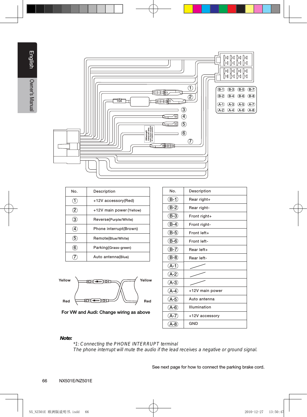 66          NX501E/NZ501EEnglishOwner&rsquo;s ManualSee next page for how to connect the parking brake cord.See next page for how to connect the parking brake cord.Note:  *1: Connecting the PHONE INTERRUPT terminal  The phone interrupt will mute the audio if the lead receives a negative or ground signal.15AA-1A-2A-3A-4A-5A-6A-7A-8B-1B-2B-3B-4B-5B-6B-7B-8DescriptionNo.A-1A-2A-3A-4A-5A-6A-7A-8B-1B-2B-3B-4B-5B-6B-7B-8Rear right-Rear right+Rear left-Rear left+Front left-Front left+Front right+Front right-GNDIlluminationAuto antenna+12V accessory+12V main power+12V main power (Yellow)Auto antenna(Blue)Phone interrupt(Brown)Parking(Grass-green)Remote(Blue/White)Reverse(Purple/White)+12V accessory(Red)No. Description34567213456721aW!!!! gninr !!! !b gnikraP  ekar tefas ydetcennoc eb tsum ecivedlpmoc rof po ete oitare nYellowRedYellowRedFor VW and Audi: Change wiring as aboveNX_NZ501E 欧洲版说明书.indd   66 2010-12-27   13:50:47