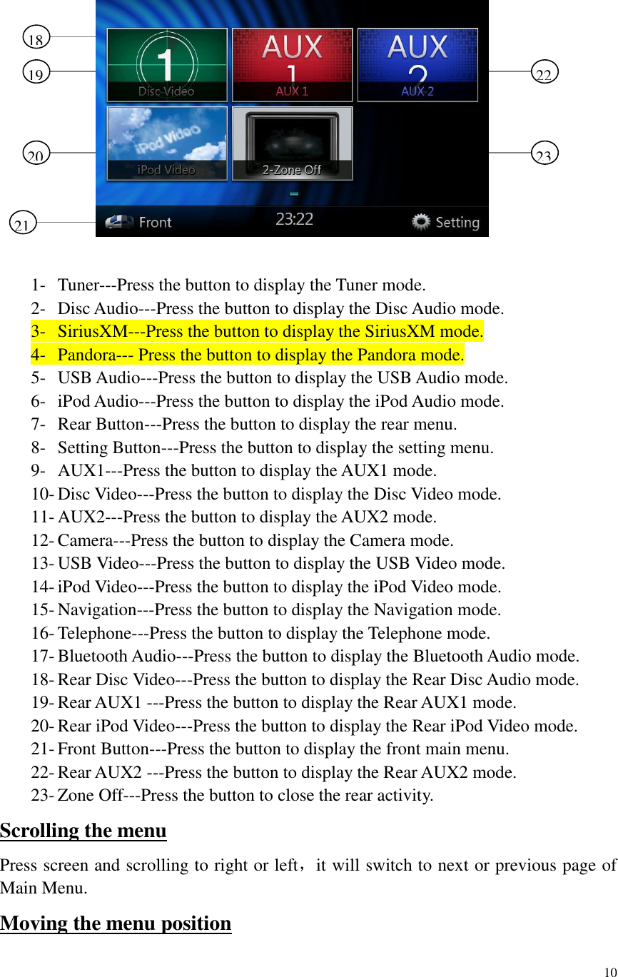 10                 1- Tuner---Press the button to display the Tuner mode. 2- Disc Audio---Press the button to display the Disc Audio mode. 3- SiriusXM---Press the button to display the SiriusXM mode. 4- Pandora--- Press the button to display the Pandora mode. 5- USB Audio---Press the button to display the USB Audio mode. 6- iPod Audio---Press the button to display the iPod Audio mode. 7- Rear Button---Press the button to display the rear menu. 8- Setting Button---Press the button to display the setting menu. 9- AUX1---Press the button to display the AUX1 mode. 10- Disc Video---Press the button to display the Disc Video mode. 11- AUX2---Press the button to display the AUX2 mode. 12- Camera---Press the button to display the Camera mode. 13- USB Video---Press the button to display the USB Video mode. 14- iPod Video---Press the button to display the iPod Video mode. 15- Navigation---Press the button to display the Navigation mode. 16- Telephone---Press the button to display the Telephone mode. 17- Bluetooth Audio---Press the button to display the Bluetooth Audio mode. 18- Rear Disc Video---Press the button to display the Rear Disc Audio mode. 19- Rear AUX1 ---Press the button to display the Rear AUX1 mode. 20- Rear iPod Video---Press the button to display the Rear iPod Video mode. 21- Front Button---Press the button to display the front main menu. 22- Rear AUX2 ---Press the button to display the Rear AUX2 mode. 23- Zone Off---Press the button to close the rear activity. Scrolling the menu Press screen and scrolling to right or left，it will switch to next or previous page of Main Menu. Moving the menu position 19 22 18 21 20 23 