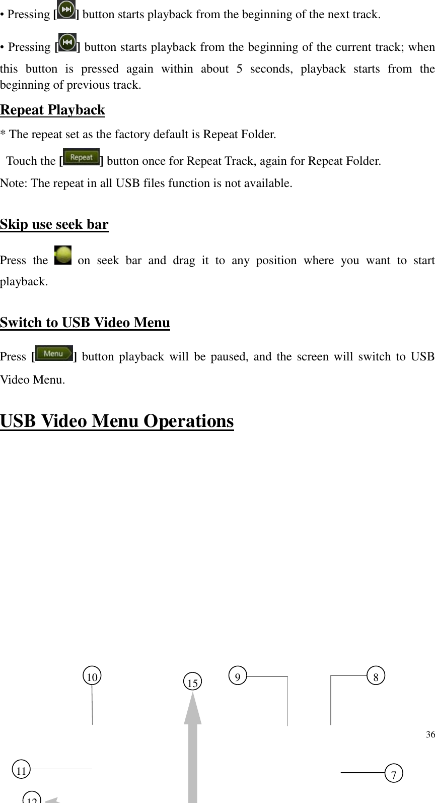 36  &bull; Pressing [ ] button starts playback from the beginning of the next track. &bull; Pressing [ ] button starts playback from the beginning of the current track; when this  button  is  pressed  again  within  about  5  seconds,  playback  starts  from  the beginning of previous track. Repeat Playback * The repeat set as the factory default is Repeat Folder.   Touch the [ ] button once for Repeat Track, again for Repeat Folder. Note: The repeat in all USB files function is not available.  Skip use seek bar Press  the    on  seek  bar  and  drag  it  to  any  position  where  you  want  to  start playback.  Switch to USB Video Menu Press [] button playback will be paused, and  the screen will switch to  USB Video Menu.  USB Video Menu Operations                  8     9     10     7   11   15     12 