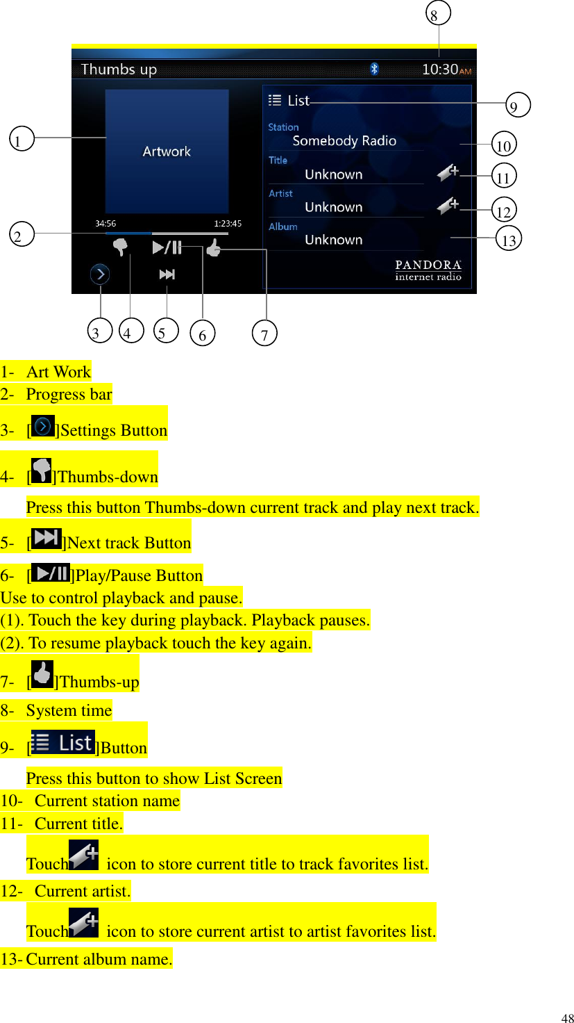 48       1- Art Work 2- Progress bar 3- [ ]Settings Button 4- [ ]Thumbs-down Press this button Thumbs-down current track and play next track. 5- [ ]Next track Button 6- [ ]Play/Pause Button Use to control playback and pause. (1). Touch the key during playback. Playback pauses. (2). To resume playback touch the key again. 7- [ ]Thumbs-up 8- System time 9- [ ]Button Press this button to show List Screen 10-   Current station name 11-   Current title. Touch   icon to store current title to track favorites list. 12-   Current artist. Touch   icon to store current artist to artist favorites list. 13- Current album name.  8 3 1 9 2 10 11 12 5 4 7     6     13     