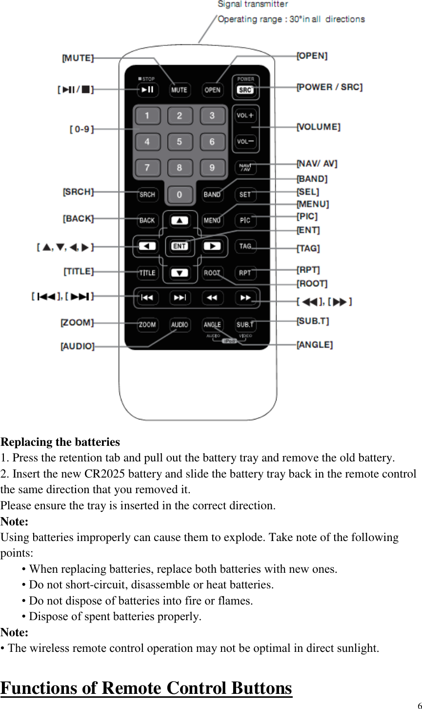 6   Replacing the batteries 1. Press the retention tab and pull out the battery tray and remove the old battery. 2. Insert the new CR2025 battery and slide the battery tray back in the remote control the same direction that you removed it. Please ensure the tray is inserted in the correct direction. Note: Using batteries improperly can cause them to explode. Take note of the following points: &bull; When replacing batteries, replace both batteries with new ones. &bull; Do not short-circuit, disassemble or heat batteries. &bull; Do not dispose of batteries into fire or flames. &bull; Dispose of spent batteries properly. Note: &bull; The wireless remote control operation may not be optimal in direct sunlight.  Functions of Remote Control Buttons 