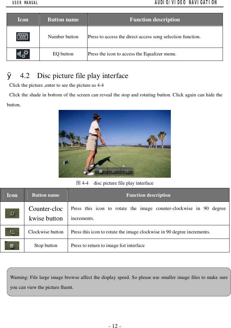 USER MANUAL                                         AUDIO/VIDEO NAVIGATION  - 12 -  Icon   Button name  Function description  Number button  Press to access the direct access song selection function.  EQ button Press the icon to access the Equalizer menu.  &Oslash; 4.2  Disc picture file play interface  Click the picture ,enter to see the picture as 4-4  Click the shade in bottom of the screen can reveal the stop and rotating button. Click again can hide the button.  图4-4  disc picture file play interface Icon  Button name  Function description  Counter-clockwise button Press this icon to rotate the image counter-clockwise in 90 degree increments.  Clockwise button Press this icon to rotate the image clockwise in 90 degree increments.  Stop button Press to return to image list interface    Warning: File large image browse affect the display speed. So please use smaller image files to make sure you can view the picture fluent. 