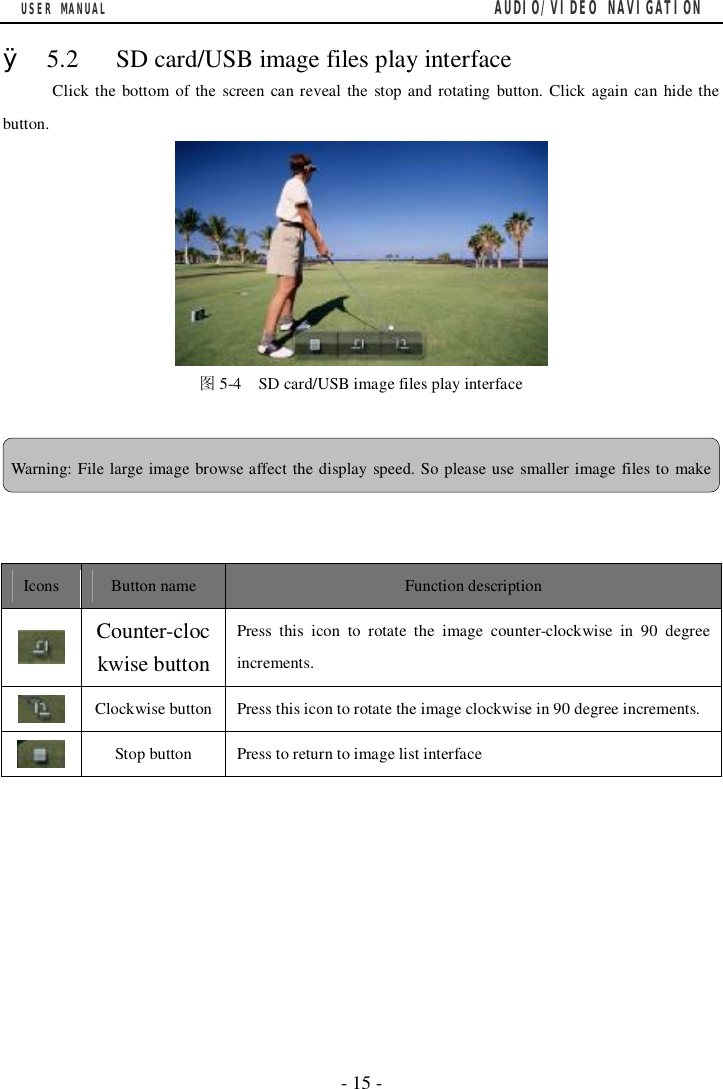 USER MANUAL                                         AUDIO/VIDEO NAVIGATION  - 15 -  &Oslash; 5.2   SD card/USB image files play interface       Click the bottom of the screen can reveal the stop and rotating button. Click again can hide the button.  图5-4  SD card/USB image files play interface      Icons Button name Function description  Counter-clockwise button Press this icon to rotate the image counter-clockwise in 90 degree increments.  Clockwise button Press this icon to rotate the image clockwise in 90 degree increments.  Stop button Press to return to image list interface        Warning: File large image browse affect the display speed. So please use smaller image files to make 