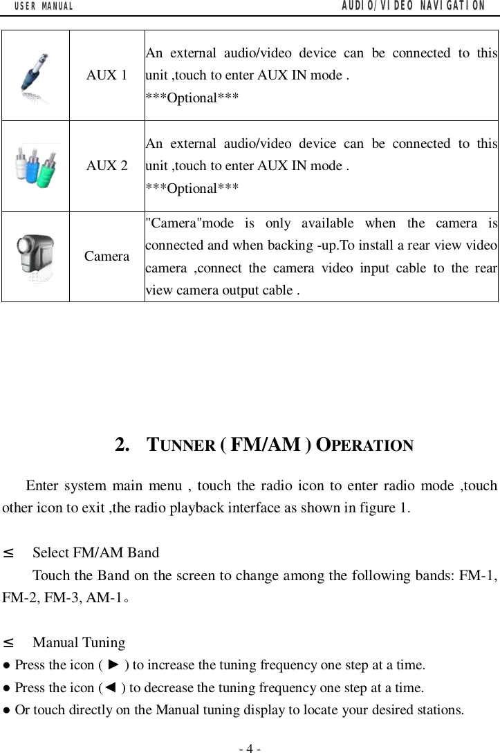 USER MANUAL                                         AUDIO/VIDEO NAVIGATION  - 4 -  AUX 1 An external audio/video device can be connected to this unit ,touch to enter AUX IN mode . ***Optional*** AUX 2 An external audio/video device can be connected to this unit ,touch to enter AUX IN mode . ***Optional***  Camera "Camera"mode is only available when the camera is connected and when backing -up.To install a rear view video camera ,connect the camera video input cable to the rear view camera output cable .      2.  TUNNER ( FM/AM ) OPERATION Enter system main menu , touch the radio icon to enter radio mode ,touch other icon to exit ,the radio playback interface as shown in figure 1.      &sup2; Select FM/AM Band Touch the Band on the screen to change among the following bands: FM-1, FM-2, FM-3, AM-1。  &sup2; Manual Tuning ● Press the icon ( ► ) to increase the tuning frequency one step at a time. ● Press the icon (◄ ) to decrease the tuning frequency one step at a time. ● Or touch directly on the Manual tuning display to locate your desired stations. 