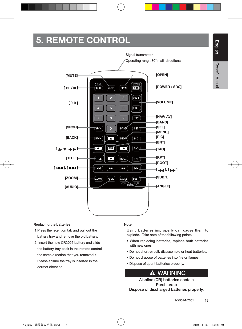 NX501/NZ501  13EnglishEnglishOwner&rsquo;s Manual5. REMOTE CONTROL2EPLACINGTHEBATTERIES 1.Press the retention tab and pull out the     battery tray and remove the old battery. 2. Insert the new CR2025 battery and slide    the battery tray back in the remote control       the same direction that you removed it.    Please ensure the tray is inserted in the     correct direction..OTEUsing batteries improperly can cause them to explode.  Take note of the following points:s7HENREPLACINGBATTERIESREPLACEBOTHBATTERIESwith new ones.s$ONOTSHORTCIRCUITDISASSEMBLEORHEATBATTERIESs$ONOTDISPOSEOFBATTERIESINTOlREORmAMESs$ISPOSEOFSPENTBATTERIESPROPERLYSignal transmitterOperating rang : 30&deg;in all  directions[  /   ][ 0-9 ][SRCH][BACK][ , , ,  ][TITLE][  ], [   ][ZOOM][MUTE][AUDIO][POWER / SRC][VOLUME][SEL][PIC][TAG][RPT][  ], [   ][SUB.T][OPEN][ANGLE][NAV/ AV][MENU][BAND][ROOT][ENT]!LKALINE#2BATTERIESCONTAIN0ERCHLORATE$ISPOSEOFDISCHARGEDBATTERIESPROPERLYWARNING1;B1=࣫㕢⠜䇈ᯢкLQGG 