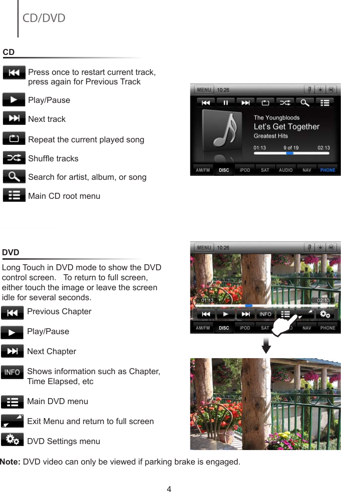 4DVD Previous ChapterPlay/PauseNext ChapterShows information such as Chapter, Time Elapsed, etcMain DVD menuExit Menu and return to full screen DVD Settings menuLong Touch in DVD mode to show the DVD control screen.   To return to full screen, either touch the image or leave the screen idle for several seconds.ECD                Press once to restart current track,                press again for Previous Track           Play/Pause            Next track           Repeat the current played song           Shufe tracks            Search for artist, album, or song           Main CD root menuCD/DVDNote: DVD video can only be viewed if parking brake is engaged.