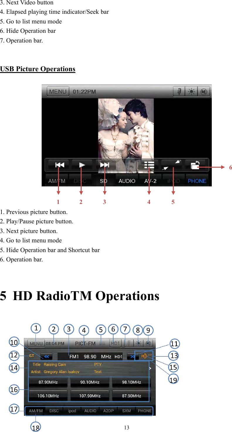 133. Next Video button4. Elapsed playing time indicator/Seek bar5. Go to list menu mode6. Hide Operation bar7. Operation bar.USB Picture Operations1. Previous picture button.2. Play/Pause picture button.3. Next picture button.4. Go to list menu mode5. Hide Operation bar and Shortcut bar6. Operation bar.5 HD RadioTM Operations123456