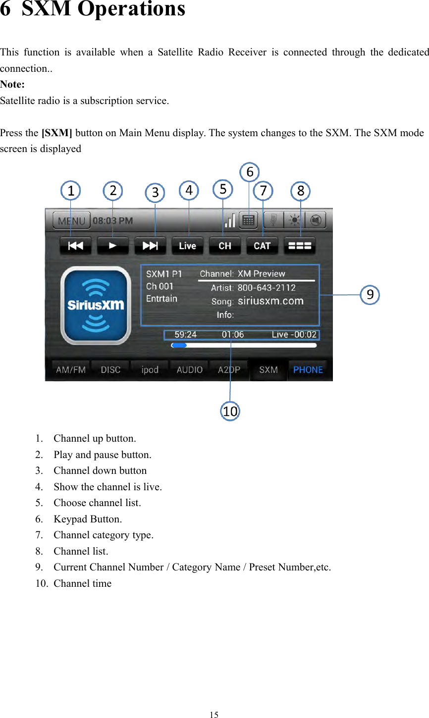 156 SXM OperationsThis function is available when a Satellite Radio Receiver is connected through the dedicatedconnection..Note:Satellite radio is a subscription service.Press the [SXM] button on Main Menu display. The system changes to the SXM. The SXM modescreen is displayed1. Channel up button.2. Play and pause button.3. Channel down button4. Show the channel is live.5. Choose channel list.6. Keypad Button.7. Channel category type.8. Channel list.9. Current Channel Number / Category Name / Preset Number,etc.10. Channel time