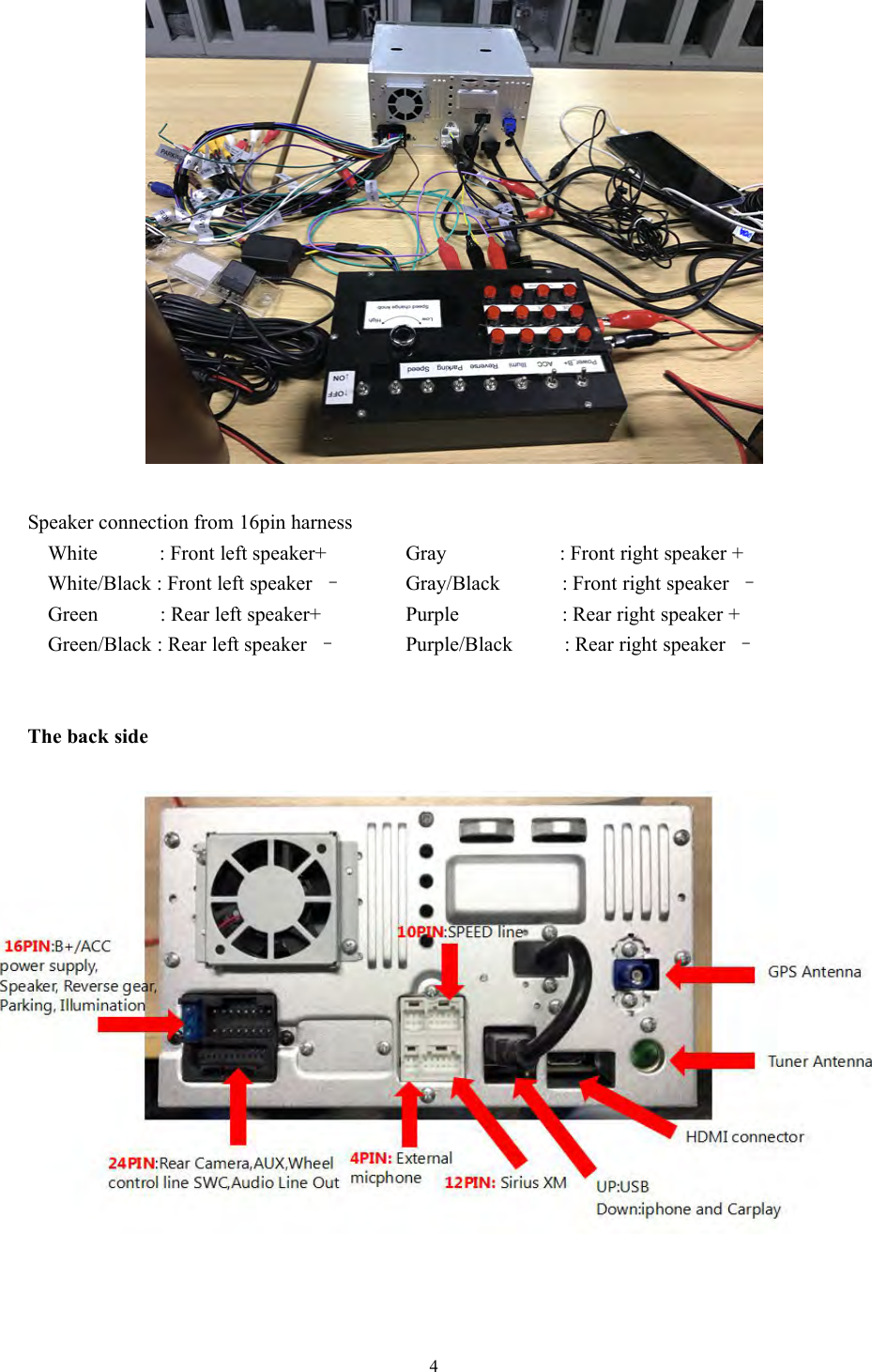 4Speaker connection from 16pin harnessWhite : Front left speaker+ Gray : Front right speaker +White/Black : Front left speaker &ndash;Gray/Black : Front right speaker &ndash;Green : Rear left speaker+ Purple : Rear right speaker +Green/Black : Rear left speaker &ndash;Purple/Black : Rear right speaker &ndash;The back side