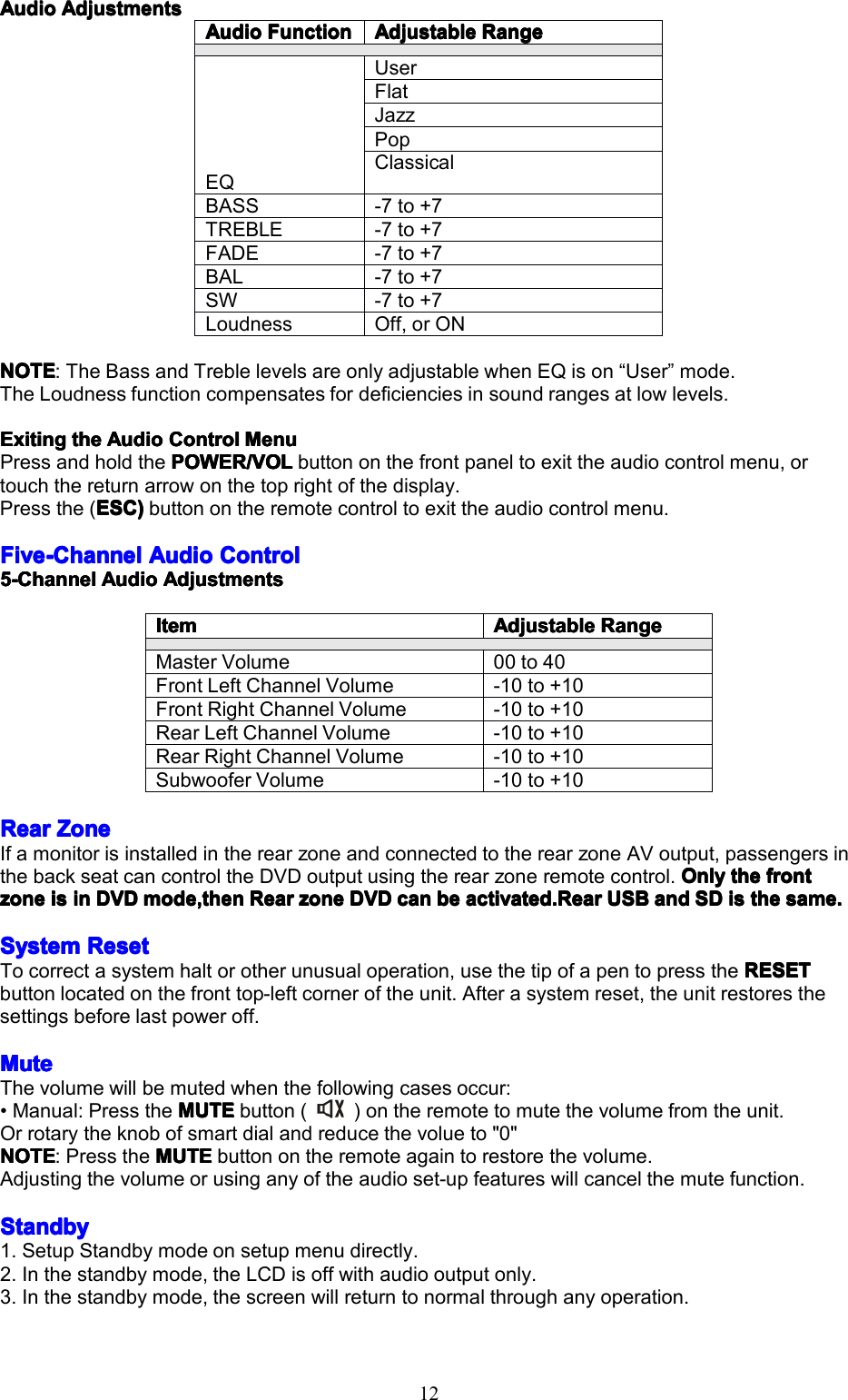 12AudioAudioAudioAudioAdjustmentsA djustmentsAdjustmentsAdjustmentsNOTENOTENOTENOTE:TheBassandTreblelevelsareonlyadjustablewhenEQison&ldquo;User&rdquo;mode.TheLoudnessfunctioncompensatesfordeficienciesinsoundrangesatlowlevels.ExitingExitingExitingExitingthet hethetheAudioA udioAudioAudioControlC ontrolControlControlMenuM enuMenuMenuPressandholdthePOWER/VOLPOWER/VOLPOWER/VOLPOWER/VOLbuttononthefrontpaneltoexittheaudiocontrolmenu,ortouchthereturnarrowonthetoprightofthedisplay.Pressthe(ESC)ESC)ESC)ESC)buttonontheremotecontroltoexittheaudiocontrolmenu.FiveFiveFiveFive-Channel- Channel-Channel-ChannelAudioA udioAudioAudioControlC ontrolControlControl5555-Channel-Channel-Channel-ChannelAudioA udioAudioAudioAdjustmentsA djustmentsAdjustmentsAdjustmentsRearRearRearRearZoneZ oneZoneZoneIfamonitorisinstalledintherearzoneandconnectedtotherearzoneAVoutput,passengersinthebackseatcancontroltheDVDoutputusingtherearzoneremotecontrol.OnlyO nlyOnlyOnlythet hethethefrontf rontfrontfrontzonezonezonezoneisi sisisini nininDVDD VDDVDDVDmode,thenm ode,thenmode,thenmode,thenRearR earRearRearzonez onezonezoneDVDD VDDVDDVDcanc ancancanbeb ebebeactivated.Reara ctivated.Rearactivated.Rearactivated.RearUSBU SBUSBUSBanda ndandandSDS DSDSDisi sisisthet hethethesame.s ame.same.same.SystemSystemSystemSystemResetR esetResetResetTocorrectasystemhaltorotherunusualoperation,usethetipofapentopresstheRESETR ESETRESETRESETbuttonlocatedonthefronttop-leftcorneroftheunit.Afterasystemreset,theunitrestoresthesettingsbeforelastpoweroff.MuteMuteMuteMuteThevolumewillbemutedwhenthefollowingcasesoccur:&bull;Manual:PresstheMUTEM UTEMUTEMUTEbutton()ontheremotetomutethevolumefromtheunit.Orrotarytheknobofsmartdialandreducethevolueto"0"NOTENOTENOTENOTE:PresstheMUTEM UTEMUTEMUTEbuttonontheremoteagaintorestorethevolume.Adjustingthevolumeorusinganyoftheaudioset-upfeatureswillcancelthemutefunction.StandbyStandbyStandbyStandby1.SetupStandbymodeonsetupmenudirectly.2.Inthestandbymode,theLCDisoffwithaudiooutputonly.3.Inthestandbymode,thescreenwillreturntonormalthroughanyoperation.AudioAudioAudioAudioFunctionF unctionFunctionFunctionAdjustableAdjustableAdjustableAdjustableRangeR angeRangeRangeEQUserFlatJazzPopClassicalBASS-7to+7TREBLE-7to+7FADE-7to+7BAL-7to+7SW-7to+7LoudnessOff,orONItemItemItemItemAdjustableAdjustableAdjustableAdjustableRangeR angeRangeRangeMasterVolume00to40FrontLeftChannelVolume-10to+10FrontRightChannelVolume-10to+10RearLeftChannelVolume-10to+10RearRightChannelVolume-10to+10SubwooferVolume-10to+10