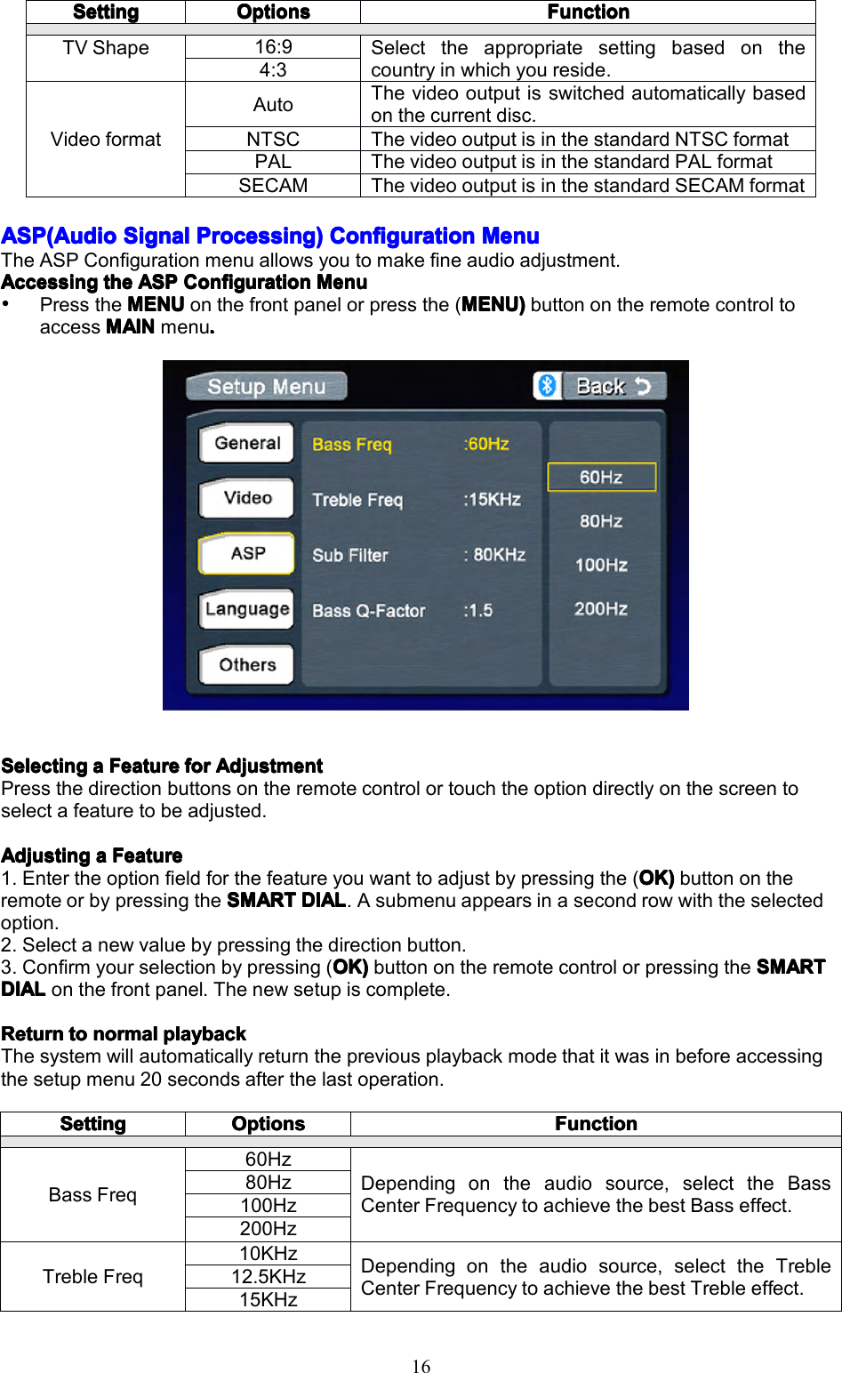 16ASP(AudioASP(AudioASP(AudioASP(AudioSignalS ignalSignalSignalProcessing)P rocessing)Processing)Processing)ConfigC onfigConfigConfigurationu rationurationurationMenuM enuMenuMenuTheASPConfigurationmenuallowsyoutomakefineaudioadjustment.AccessingAccessingAccessingAccessingthet hethetheASPA SPASPASPConfigC onfigConfigConfigurationu rationurationurationMenuM enuMenuMenuPresstheMENUMENUMENUMENUonthefrontpanelorpressthe(MENU)M ENU)MENU)MENU)buttonontheremotecontroltoaccessMAINMAINMAINMAINmenu....SelectingSelectingSelectingSelectingaaaaFeatureF eatureFeatureFeatureforf orforforAdjustmentA djustmentAdjustmentAdjustmentPressthedirectionbuttonsontheremotecontrolortouchtheoptiondirectlyonthescreentoselectafeaturetobeadjusted.AdjustingAdjustingAdjustingAdjustingaaaaFeatureF eatureFeatureFeature1.Entertheoptionfieldforthefeatureyouwanttoadjustbypressingthe(OK)O K)OK)OK)buttonontheremoteorbypressingtheSMARTSMARTSMARTSMARTDIALD IALDIALDIAL.Asubmenuappearsinasecondrowwiththeselectedoption.2.Selectanewvaluebypressingthedirectionbutton.3.Confirmyourselectionbypressing(OK)O K)OK)OK)buttonontheremotecontrolorpressingtheSMARTS MARTSMARTSMARTDIALDIALDIALDIALonthefrontpanel.Thenewsetupiscomplete.ReturnReturnReturnReturntot ototonormaln ormalnormalnormalplaybackp laybackplaybackplaybackThesystemwillautomaticallyreturnthepreviousplaybackmodethatitwasinbeforeaccessingthesetupmenu20secondsafterthelastoperation.SettingSettingSettingSettingOptionsOptionsOptionsOptionsFunctionFunctionFunctionFunctionTVShape16:9Selecttheappropriatesettingbasedonthecountryinwhichyoureside.4:3VideoformatAutoThevideooutputisswitchedautomaticallybasedonthecurrentdisc.NTSCThevideooutputisinthestandardNTSCformatPALThevideooutputisinthestandardPALformatSECAMThevideooutputisinthestandardSECAMformatSettingSettingSettingSettingOptionsOptionsOptionsOptionsFunctionFunctionFunctionFunctionBassFreq60HzDependingontheaudiosource,selecttheBassCenterFrequencytoachievethebestBasseffect.80Hz100Hz200HzTrebleFreq10KHzDependingontheaudiosource,selecttheTrebleCenterFrequencytoachievethebestTrebleeffect.12.5KHz15KHz