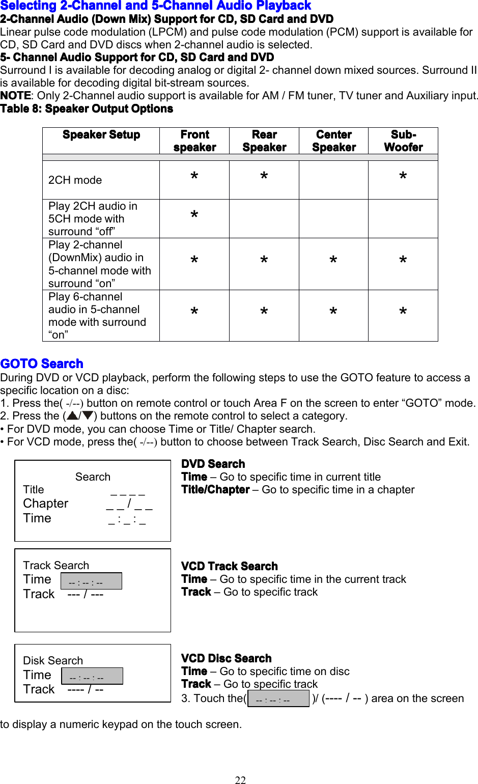 22SelectingSelectingSelectingSelecting2-Channel2 -Channel2-Channel2-Channelanda ndandand5555-Channel- Channel-Channel-ChannelAudioA udioAudioAudioPlaybackP laybackPlaybackPlayback2-Channel2-Channel2-Channel2-ChannelAudioA udioAudioAudio(Down( Down(Down(DownMix)M ix)Mix)Mix)SupportS upportSupportSupportforf orforforCD,C D,CD,CD,SDS DSDSDCardC ardCardCardanda ndandandDVDD VDDVDDVDLinearpulsecodemodulation(LPCM)andpulsecodemodulation(PCM)supportisavailableforCD,SDCardandDVDdiscswhen2-channelaudioisselected.5555----ChannelChannelChannelChannelAudioA udioAudioAudioSupportS upportSupportSupportforf orforforCD,C D,CD,CD,SDS DSDSDCardC ardCardCardanda ndandandDVDD VDDVDDVDSurroundIisavailablefordecodinganalogordigital2-channeldownmixedsources.SurroundIIisavailablefordecodingdigitalbit-streamsources.NOTENOTENOTENOTE:Only2-ChannelaudiosupportisavailableforAM/FMtuner,TVtunerandAuxiliaryinput.TableTableTableTable8:8 :8:8:SpeakerS peakerSpeakerSpeakerOutputO utputOutputOutputOptionsO ptionsOptionsOptionsGGGGOTOOTOOTOOTOSearchS earchSearchSearchDuringDVDorVCDplayback,performthefollowingstepstousetheGOTOfeaturetoaccessaspecificlocationonadisc:1.Pressthe(-/--)buttononremotecontrolortouchAreaFonthescreentoenter&ldquo;GOTO&rdquo;mode.2.Pressthe(/)buttonsontheremotecontroltoselectacategory.&bull;ForDVDmode,youcanchooseTimeorTitle/Chaptersearch.&bull;ForVCDmode,pressthe(-/--)buttontochoosebetweenTrackSearch,DiscSearchandExit.DVDD VDDVDDVDSearchS earchSearchSearchTimeTimeTimeTime&ndash;GotospecifictimeincurrenttitleTitle/ChapterTitle/ChapterTitle/ChapterTitle/Chapter&ndash;GotospecifictimeinachapterVCDVCDVCDVCDTrackT rackTrackTrackSearchS earchSearchSearchTimeTimeTimeTime&ndash;GotospecifictimeinthecurrenttrackTrackTrackTrackTrack&ndash;GotospecifictrackVCDVCDVCDVCDDiscD iscDiscDiscSearchS earchSearchSearchTimeTimeTimeTime&ndash;GotospecifictimeondiscTrackTrackTrackTrack&ndash;Gotospecifictrack3.Touchthe())/(----/--)areaonthescreentodisplayanumerickeypadonthetouchscreen.SpeakerSpeakerSpeakerSpeakerSetupS etupSetupSetupFrontFrontFrontFrontspeakerspeakerspeakerspeakerRearRearRearRearSpeakerSpeakerSpeakerSpeakerCenterCenterCenterCenterSpeakerSpeakerSpeakerSpeakerSub-Sub-Sub-Sub-WooferWooferWooferWoofer2CHmode***Play2CHaudioin5CHmodewithsurround&ldquo;off&rdquo;*Play2-channel(DownMix)audioin5-channelmodewithsurround&ldquo;on&rdquo;****Play6-channelaudioin5-channelmodewithsurround&ldquo;on&rdquo;****SearchTitle____Chapter__/__Time_:_:_TrackSearchTimeTrack---/---DiskSearchTimeTrack----/----:--:----:--:----:--:--