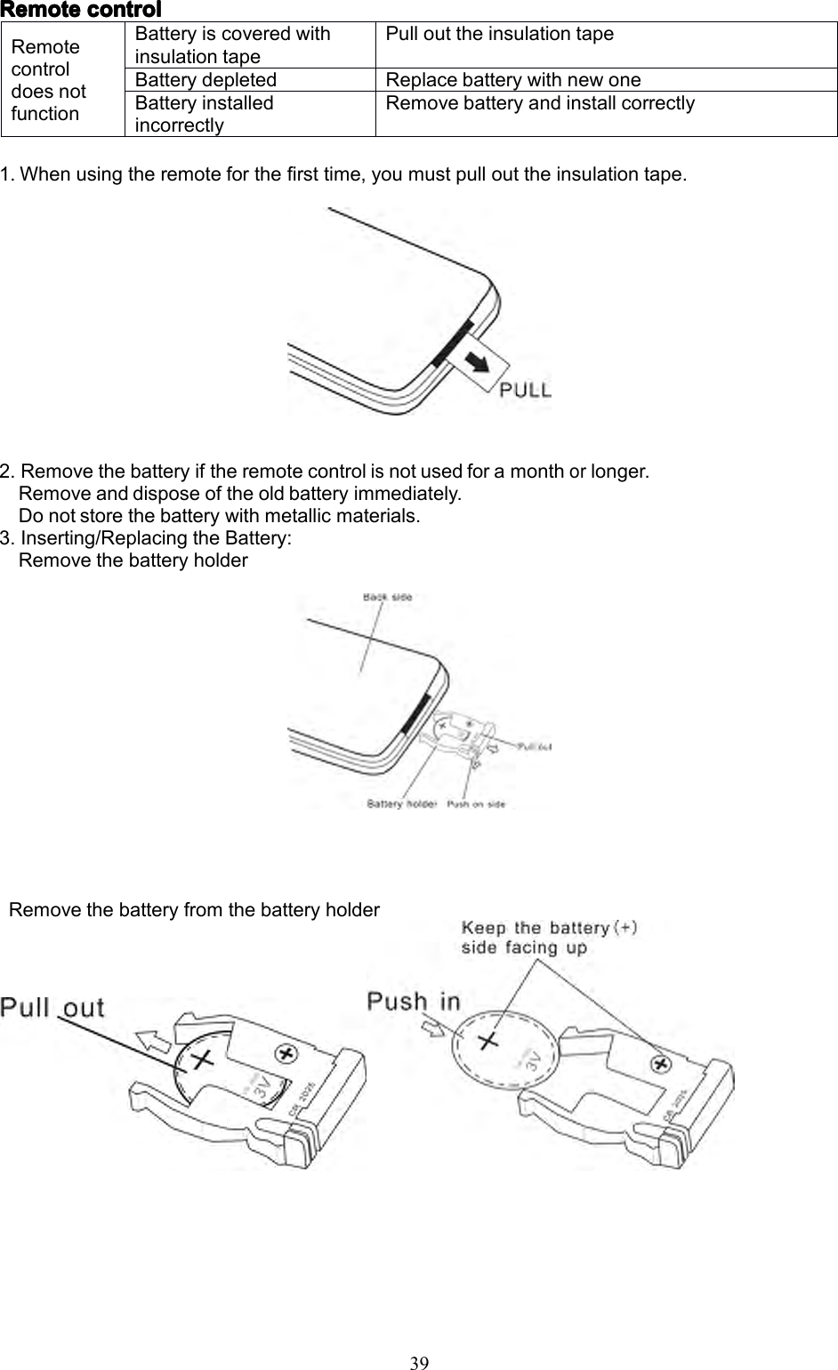 39RemoteRemoteRemoteRemotecontrolc ontrolcontrolcontrol1.Whenusingtheremoteforthefirsttime,youmustpullouttheinsulationtape.2.Removethebatteryiftheremotecontrolisnotusedforamonthorlonger.Removeanddisposeoftheoldbatteryimmediately.Donotstorethebatterywithmetallicmaterials.3.Inserting/ReplacingtheBattery:RemovethebatteryholderRemovethebatteryfromthebatteryholderRemotecontroldoesnotfunctionBatteryiscoveredwithinsulationtapePullouttheinsulationtapeBatterydepletedReplacebatterywithnewoneBatteryinstalledincorrectlyRemovebatteryandinstallcorrectly