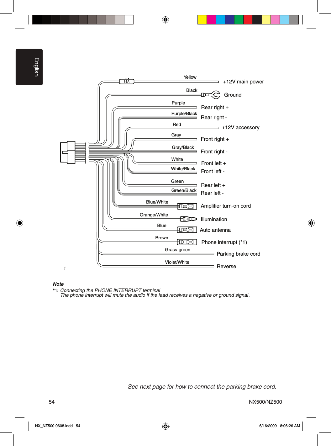 EnglishNX500/NZ50054Note:*1: Connecting the PHONE INTERRUPT terminalThe phone interrupt will mute the audio if the lead receives a negative or ground signal.YellowBlackPurplePurple/BlackGrass-greenGrayGray/BlackWhiteWhite/BlackGreenGreen/BlackBlue/WhiteOrange/WhiteRedBrownBlue+12V main powerGroundRear right +Rear right -Parking brake cordFront right +Front right -Front left +Front left -Rear left +Rear left -Amplifier turn-on cordIllumination+12V accessoryPhone interrupt (*1) Auto antennaSee next page for how to connect the parking brake cord.Violet/White ReverseNX_NZ500 0608.indd   54 6/16/2009   8:06:26 AM