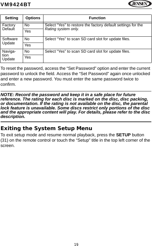 19VM9424BTTo reset the password, access the &ldquo;Set Password&rdquo; option and enter the current password to unlock the field. Access the &ldquo;Set Password&rdquo; again once unlocked and enter a new password. You must enter the same password twice to confirm.NOTE: Record the password and keep it in a safe place for future reference. The rating for each disc is marked on the disc, disc packing, or documentation. If the rating is not available on the disc, the parental lock feature is unavailable. Some discs restrict only portions of the disc and the appropriate content will play. For details, please refer to the disc description.Exiting the System Setup MenuTo exit setup mode and resume normal playback, press the SETUP button (31) on the remote control or touch the &ldquo;Setup&rdquo; title in the top left corner of the screen.Factory Default No Select &ldquo;Yes&rdquo; to restore the factory default settings for the Rating system only.YesSoftware Update No Select &ldquo;Yes&rdquo; to scan SD card slot for update files.YesNaviga-tion UpdateNo Select &ldquo;Yes&rdquo; to scan SD card slot for update files.YesSetting Options Function