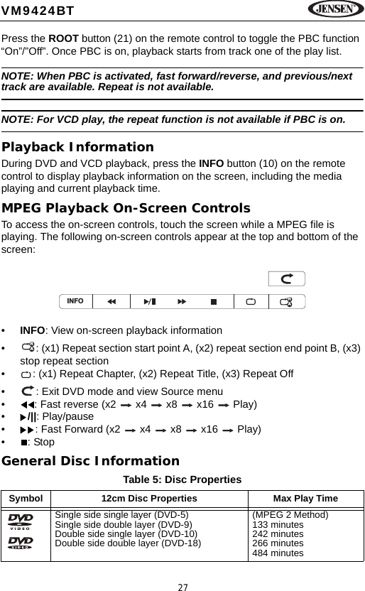 27VM9424BTPress the ROOT button (21) on the remote control to toggle the PBC function &ldquo;On&rdquo;/&rdquo;Off&rdquo;. Once PBC is on, playback starts from track one of the play list.NOTE: When PBC is activated, fast forward/reverse, and previous/next track are available. Repeat is not available.NOTE: For VCD play, the repeat function is not available if PBC is on.Playback InformationDuring DVD and VCD playback, press the INFO button (10) on the remote control to display playback information on the screen, including the media playing and current playback time. MPEG Playback On-Screen ControlsTo access the on-screen controls, touch the screen while a MPEG file is playing. The following on-screen controls appear at the top and bottom of the screen:&bull;INFO: View on-screen playback information&bull; : (x1) Repeat section start point A, (x2) repeat section end point B, (x3) stop repeat section&bull; : (x1) Repeat Chapter, (x2) Repeat Title, (x3) Repeat Off&bull; : Exit DVD mode and view Source menu&bull; : Fast reverse (x2   x4   x8   x16   Play)&bull;/||: Play/pause&bull; : Fast Forward (x2   x4   x8   x16   Play)&bull;: StopGeneral Disc InformationTable 5: Disc PropertiesSymbol 12cm Disc Properties Max Play TimeSingle side single layer (DVD-5)Single side double layer (DVD-9)Double side single layer (DVD-10)Double side double layer (DVD-18)(MPEG 2 Method)133 minutes242 minutes266 minutes484 minutesINFO RARA