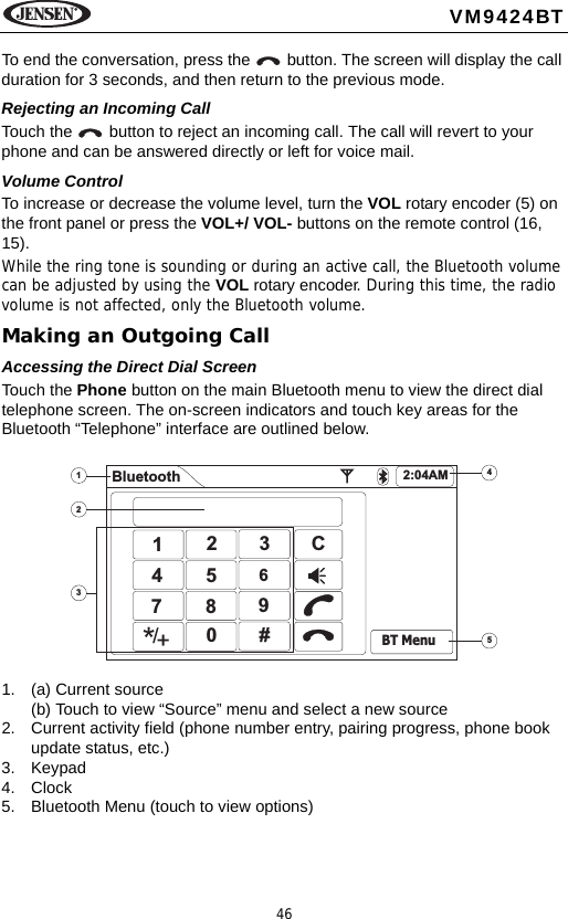 46VM9424BTTo end the conversation, press the   button. The screen will display the call duration for 3 seconds, and then return to the previous mode.Rejecting an Incoming CallTouch the   button to reject an incoming call. The call will revert to your phone and can be answered directly or left for voice mail.Volume ControlTo increase or decrease the volume level, turn the VOL rotary encoder (5) on the front panel or press the VOL+/ VOL- buttons on the remote control (16, 15). While the ring tone is sounding or during an active call, the Bluetooth volume can be adjusted by using the VOL rotary encoder. During this time, the radio volume is not affected, only the Bluetooth volume.Making an Outgoing CallAccessing the Direct Dial ScreenTouch the Phone button on the main Bluetooth menu to view the direct dial telephone screen. The on-screen indicators and touch key areas for the Bluetooth &ldquo;Telephone&rdquo; interface are outlined below.1. (a) Current source(b) Touch to view &ldquo;Source&rdquo; menu and select a new source2. Current activity field (phone number entry, pairing progress, phone book update status, etc.)3. Keypad4. Clock5. Bluetooth Menu (touch to view options)45123Bluetooth 2:04AMBT Menu123C4567890#/*+