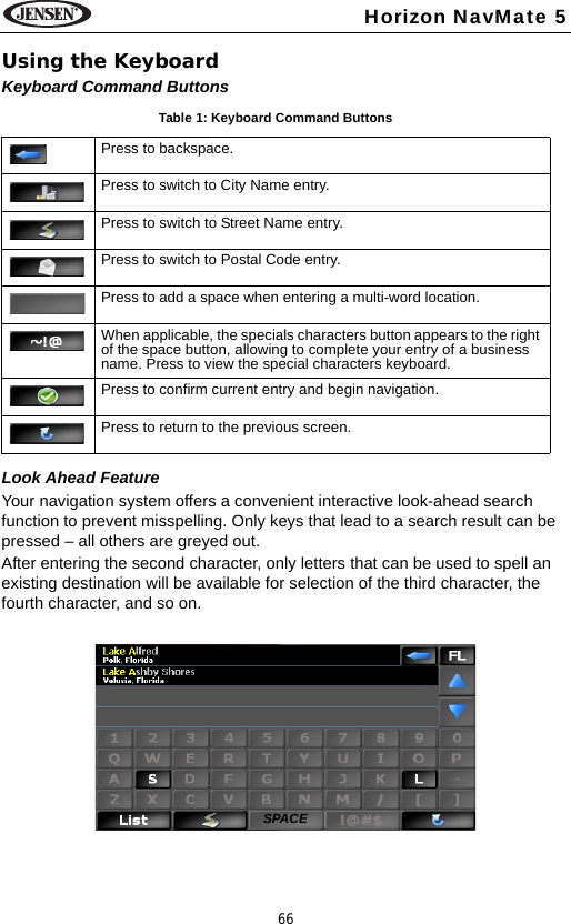 66Horizon NavMate 5Using the KeyboardKeyboard Command ButtonsLook Ahead FeatureYour navigation system offers a convenient interactive look-ahead search function to prevent misspelling. Only keys that lead to a search result can be pressed &ndash; all others are greyed out.After entering the second character, only letters that can be used to spell an existing destination will be available for selection of the third character, the fourth character, and so on.Table 1: Keyboard Command ButtonsPress to backspace.Press to switch to City Name entry.Press to switch to Street Name entry.Press to switch to Postal Code entry.Press to add a space when entering a multi-word location.When applicable, the specials characters button appears to the right of the space button, allowing to complete your entry of a business name. Press to view the special characters keyboard.Press to confirm current entry and begin navigation.Press to return to the previous screen.SPACE