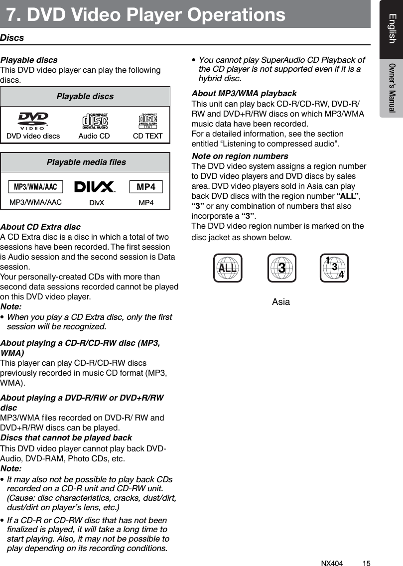 15NX404EnglishEnglish Owner&rsquo;s ManualEnglish Owner&rsquo;s Manual7. DVD Video Player Operations Playable discsThis DVD video player can play the following discs.Playable discsCD TEXTDVD video discs Audio CDPlayablemedialesMP3/WMA/AAC DivXAbout CD Extra discA CD Extra disc is a disc in which a total of two sessions have been recorded. The rst session is Audio session and the second session is Data session.Your personally-created CDs with more than second data sessions recorded cannot be played on this DVD video player.Note:&bull;WhenyouplayaCDExtradisc,onlytherstsessionwillberecognized.About playing a CD-R/CD-RW disc (MP3, WMA)This player can play CD-R/CD-RW discs previously recorded in music CD format (MP3, WMA).About playing a DVD-R/RW or DVD+R/RW discMP3/WMA les recorded on DVD-R/ RW and DVD+R/RW discs can be played.Discs that cannot be played backThis DVD video player cannot play back DVD-Audio, DVD-RAM, Photo CDs, etc.Note:&bull; It may also not be possible to play back CDs recorded on a CD-R unit and CD-RW unit. (Cause:disccharacteristics,cracks,dust/dirt,dust/dirtonplayer&rsquo;slens,etc.)&bull;If a CD-R or CD-RW disc that has not been nalizedisplayed,itwilltakealongtimetostartplaying.Also,itmaynotbepossibletoplay depending on its recording conditions.&bull;You cannot play SuperAudio CD Playback of the CD player is not supported even if it is a hybrid disc.About MP3/WMA playbackThis unit can play back CD-R/CD-RW, DVD-R/ RW and DVD+R/RW discs on which MP3/WMA music data have been recorded.For a detailed information, see the section entitled &ldquo;Listening to compressed audio&rdquo;.Note on region numbersThe DVD video system assigns a region number to DVD video players and DVD discs by sales area. DVD video players sold in Asia can play back DVD discs with the region number &ldquo;ALL&rdquo;, &ldquo;3&rdquo; or any combination of numbers that also incorporate a &ldquo;3&rdquo;.The DVD video region number is marked on the disc jacket as shown below.3ALL134AsiaDiscsMP4