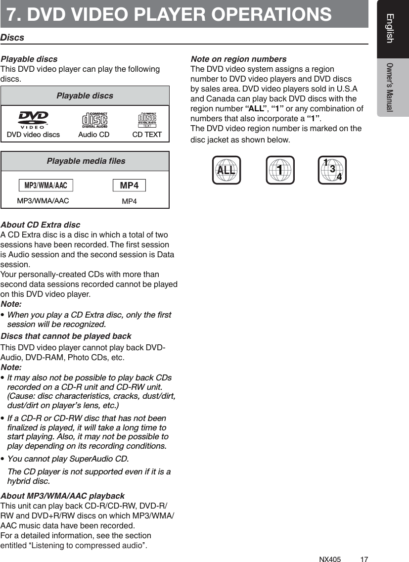 17NX405EnglishEnglish Owner&rsquo;s ManualEnglish Owner&rsquo;s Manual7. DVD VIDEO PLAYER OPERATIONS Playable discsThis DVD video player can play the following discs.Playable discsCD TEXTDVD video discs Audio CDPlayablemedialesMP3/WMA/AACAbout CD Extra discA CD Extra disc is a disc in which a total of two sessions have been recorded. The rst session is Audio session and the second session is Data session.Your personally-created CDs with more than second data sessions recorded cannot be played on this DVD video player.Note:&bull;When you play a CD Extra disc, only the ﬁrst session will be recognized.Discs that cannot be played backThis DVD video player cannot play back DVD-Audio, DVD-RAM, Photo CDs, etc.Note:&bull; It may also not be possible to play back CDs recorded on a CD-R unit and CD-RW unit. (Cause: disc characteristics, cracks, dust/dirt, dust/dirt on player&rsquo;s lens, etc.)&bull;If a CD-R or CD-RW disc that has not been ﬁnalized is played, it will take a long time to start playing. Also, it may not be possible to play depending on its recording conditions.&bull;You cannot play SuperAudio CD.   The CD player is not supported even if it is a hybrid disc.About MP3/WMA/AAC playbackThis unit can play back CD-R/CD-RW, DVD-R/ RW and DVD+R/RW discs on which MP3/WMA/AAC music data have been recorded.For a detailed information, see the section entitled &ldquo;Listening to compressed audio&rdquo;.Note on region numbersThe DVD video system assigns a region number to DVD video players and DVD discs by sales area. DVD video players sold in U.S.A and Canada can play back DVD discs with the region number &ldquo;ALL&rdquo;, &ldquo;1&rdquo; or any combination of numbers that also incorporate a &ldquo;1&rdquo;.The DVD video region number is marked on the disc jacket as shown below.1ALL134DiscsMP4