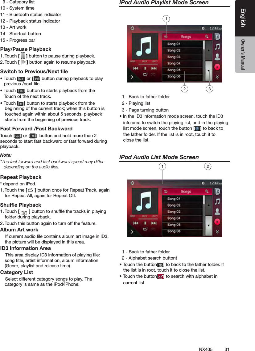 31NX405EnglishEnglish Owner&rsquo;s ManualEnglish Owner&rsquo;s Manual  9 - Category list10 - System time11 - Bluetooth status indicator12 - Playback status indicator13 - Art work14 - Shortcut button15 - Progress barPlay/Pause Playback1. Touch [ ] button to pause during playback.2. Touch [ ] button again to resume playback.Switch to Previous/Next ﬁle&bull; Touch [ ] or [ ] button during playback to play      previous /next le.&bull; Touch [ ] button to starts playback from the     Touch of the next track.&bull; Touch [ ] button to starts playback from the beginning of the current track; when this button is touched again within about 5 seconds, playback starts from the beginning of previous track.Fast Forward /Fast BackwardTouch [ ] or [ ]  button and hold more than 2 seconds to start fast backward or fast forward during playback.Note:*The fast forward and fast backward speed may differ depending on the audio ﬁles.Repeat Playback* depend on iPod.1. Touch the [ ] button once for Repeat Track, again for Repeat All, again for Repeat Off. Shufﬂe Playback1. Touch [ ] button to shufe the tracks in playing folder during playback.2. Touch this button again to turn off the feature.Album Art work    If current audio le contains album art image in ID3, the picture will be displayed in this area.ID3 Information Area    This area display ID3 information of playing le: song title, artist information, album information (Genre, playlist and release time).Category List    Select different category songs to play. The category is same as the iPod/iPhone.iPod Audio Playlist Mode Screen  1 - Back to father folder   2 - Playing list  3 - Page turning button&bull; In the ID3 information mode screen, touch the ID3   info area to switch the playing list, and in the playing       list mode screen, touch the button [ ] to back to   the father folder. If the list is in root, touch it to    close the list.iPod Audio List Mode Screen  1 - Back to father folder   2 - Alphabet search buttont&bull; Touch the button[ ] to back to the father folder. If     the list is in root, touch it to close the list.&bull; Touch the button[ ] to search with alphabet in   current list2131 2