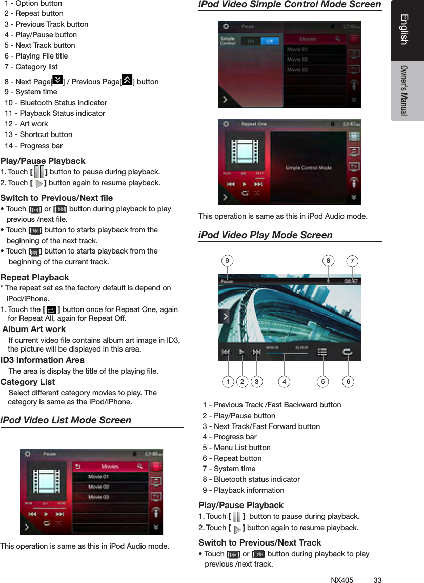 33NX405EnglishEnglish Owner&rsquo;s ManualEnglish Owner&rsquo;s Manual  1 - Option button   2 - Repeat button  3 - Previous Track button  4 - Play/Pause button   5 - Next Track button  6 - Playing File title   7 - Category list   8 - Next Page[ ] / Previous Page[ ] button  9 - System time  10 - Bluetooth Status indicator  11 - Playback Status indicator  12 - Art work   13 - Shortcut button  14 - Progress bar Play/Pause Playback1. Touch [ ] button to pause during playback. 2. Touch [ ] button again to resume playback.Switch to Previous/Next ﬁle&bull; Touch [ ] or [ ] button during playback to play    previous /next ﬁle.&bull; Touch [ ] button to starts playback from the    beginning of the next track.&bull; Touch [ ] button to starts playback from the     beginning of the current track.Repeat Playback* The repeat set as the factory default is depend on    iPod/iPhone.1. Touch the [ ] button once for Repeat One, again for Repeat All, again for Repeat Off.   Album Art work    If current video ﬁle contains album art image in ID3, the picture will be displayed in this area.ID3 Information Area    The area is display the title of the playing ﬁle.Category List    Select different category movies to play. The category is same as the iPod/iPhone.iPod Video List Mode ScreenThis operation is same as this in iPod Audio mode.iPod Video Simple Control Mode ScreenThis operation is same as this in iPod Audio mode.iPod Video Play Mode Screen  1 - Previous Track /Fast Backward button   2 - Play/Pause button  3 - Next Track/Fast Forward button   4 - Progress bar   5 - Menu List button   6 - Repeat button   7 - System time   8 - Bluetooth status indicator  9 - Playback informationPlay/Pause Playback1. Touch [ ]  button to pause during playback. 2. Touch [ ] button again to resume playback.Switch to Previous/Next Track&bull; Touch [ ] or [ ] button during playback to play     previous /next track.63 4 521789