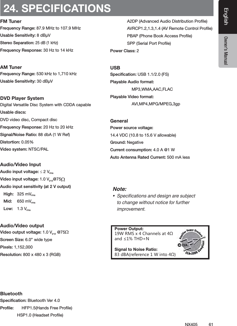 61NX405EnglishEnglish Owner&rsquo;s ManualEnglish Owner&rsquo;s Manual24. SPECIFICATIONSFM TunerFrequency Range: 87.9 MHz to 107.9 MHz Usable Sensitivity: 8 dB&micro;VStereo Separation: 25 dB (1 kHz)Frequency Response: 30 Hz to 14 kHzAM TunerFrequency Range: 530 kHz to 1,710 kHz Usable Sensitivity: 30 dB&micro;VDVD Player SystemDigital Versatile Disc System with CDDA capableUsable discs: DVD video disc, Compact discFrequency Response: 20 Hz to 20 kHz Signal/Noise Ratio: 88 dbA (1 W Ref)Distortion: 0.05%Video system: NTSC/PALAudio/Video InputAudio input voltage: &le; 2 VrmsVideo input voltage: 1.0 Vp-p@75Audio input sensitivity (at 2 V output)High:  325 mVrmsMid:  650 mVrmsLow:  1.3 VrmsAudio/Video outputVideo output voltage: 1.0 Vp-p @75Screen Size: 6.0&rdquo; wide typePixels: 1,152,000Resolution: 800 x 480 x 3 (RGB)BluetoothSpeciﬁcation: Bluetooth Ver 4.0Proﬁle:  HFP1.5(Hands Free Proﬁle)   HSP1.0 (Headset Proﬁle)    A2DP (Advanced Audio Distribution Proﬁle)  AVRCP1.2,1.3,1.4 (AV Remote Control Proﬁle)  PBAP (Phone Book Access Proﬁle)  SPP (Serial Port Proﬁle)Power Class: 2USBSpeciﬁcation: USB 1.1/2.0 (FS)Playable Audio format:  MP3,WMA,AAC,FLACPlayable Video format:  AVI,MP4,MPG/MPEG,3gpGeneralPower source voltage:14.4 VDC (10.8 to 15.6 V allowable) Ground: NegativeCurrent consumption: 4.0 A @1 W Auto Antenna Rated Current: 500 mA less Note:&bull; Specicationsanddesignaresubjecttochangewithoutnoticeforfurtherimprovement.Power Output:19W RMS x 4 Channels at 4&Omega;and &le;1% THD+NSignal to Noise Ratio:83 dBA(reference 1 W into 4&Omega;)