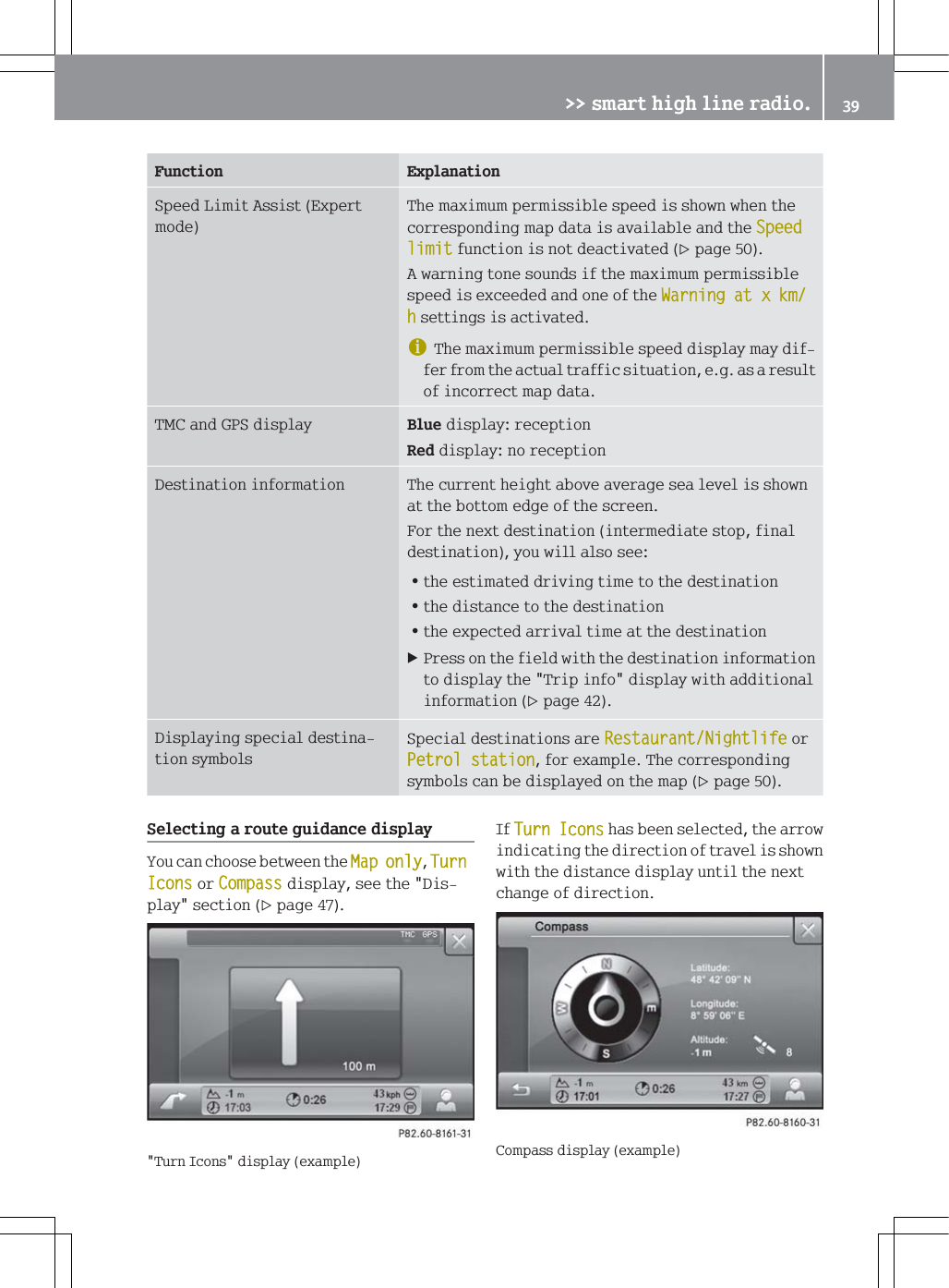 )XQFWLRQ ([SODQDWLRQ6SHHG/LPLW$VVLVW([SHUWPRGH7KHPD[LPXPSHUPLVVLEOHVSHHGLVVKRZQZKHQWKHFRUUHVSRQGLQJPDSGDWDLVDYDLODEOHDQGWKH6SHHGOLPLWIXQFWLRQLVQRWGHDFWLYDWHGSDJH$ZDUQLQJWRQHVRXQGVLIWKHPD[LPXPSHUPLVVLEOHVSHHGLVH[FHHGHGDQGRQHRIWKH:DUQLQJDW[NPKVHWWLQJVLVDFWLYDWHGG7KHPD[LPXPSHUPLVVLEOHVSHHGGLVSOD\PD\GLIIHUIURPWKHDFWXDOWUDIILFVLWXDWLRQHJDVDUHVXOWRILQFRUUHFWPDSGDWD70&amp;DQG*36GLVSOD\ %OXHGLVSOD\UHFHSWLRQ5HGGLVSOD\QRUHFHSWLRQ'HVWLQDWLRQLQIRUPDWLRQ 7KHFXUUHQWKHLJKWDERYHDYHUDJHVHDOHYHOLVVKRZQDWWKHERWWRPHGJHRIWKHVFUHHQ)RUWKHQH[WGHVWLQDWLRQLQWHUPHGLDWHVWRSILQDOGHVWLQDWLRQ\RXZLOODOVRVHH=WKHHVWLPDWHGGULYLQJWLPHWRWKHGHVWLQDWLRQ=WKHGLVWDQFHWRWKHGHVWLQDWLRQ=WKHH[SHFWHGDUULYDOWLPHDWWKHGHVWLQDWLRQ3UHVVRQWKHILHOGZLWKWKHGHVWLQDWLRQLQIRUPDWLRQWRGLVSOD\WKH7ULSLQIRGLVSOD\ZLWKDGGLWLRQDOLQIRUPDWLRQSDJH'LVSOD\LQJVSHFLDOGHVWLQDWLRQV\PEROV6SHFLDOGHVWLQDWLRQVDUH5HVWDXUDQW1LJKWOLIHRU3HWUROVWDWLRQIRUH[DPSOH7KHFRUUHVSRQGLQJV\PEROVFDQEHGLVSOD\HGRQWKHPDSSDJH6HOHFWLQJDURXWHJXLGDQFHGLVSOD\<RXFDQFKRRVHEHWZHHQWKH0DSRQO\7XUQ,FRQVRU&amp;RPSDVVGLVSOD\VHHWKH'LVSOD\VHFWLRQSDJH7XUQ,FRQVGLVSOD\H[DPSOH,I7XUQ,FRQVKDVEHHQVHOHFWHGWKHDUURZLQGLFDWLQJWKHGLUHFWLRQRIWUDYHOLVVKRZQZLWKWKHGLVWDQFHGLVSOD\XQWLOWKHQH[WFKDQJHRIGLUHFWLRQ&amp;RPSDVVGLVSOD\H[DPSOH!!VPDUWKLJKOLQHUDGLR 