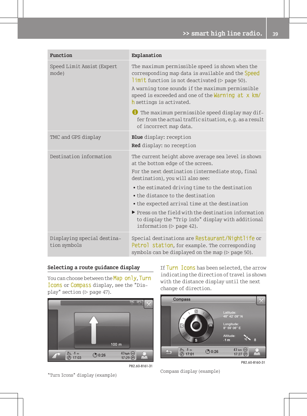 Function ExplanationSpeed Limit Assist (Expertmode)The maximum permissible speed is shown when thecorresponding map data is available and the Speed limit function is not deactivated (Y page 50).A warning tone sounds if the maximum permissiblespeed is exceeded and one of the Warning at x km/ h settings is activated.iThe maximum permissible speed display may dif-fer from the actual traffic situation, e.g. as a resultof incorrect map data.TMC and GPS display Blue display: receptionRed display: no receptionDestination information The current height above average sea level is shownat the bottom edge of the screen.For the next destination (intermediate stop, finaldestination), you will also see:Rthe estimated driving time to the destinationRthe distance to the destinationRthe expected arrival time at the destinationXPress on the field with the destination informationto display the "Trip info" display with additionalinformation (Y page 42).Displaying special destina-tion symbolsSpecial destinations are Restaurant/Nightlife orPetrol station, for example. The correspondingsymbols can be displayed on the map (Y page 50).Selecting a route guidance displayYou can choose between the Map only, Turn Icons or Compass display, see the "Dis-play" section (Y page 47)."Turn Icons" display (example)If Turn Icons has been selected, the arrowindicating the direction of travel is shownwith the distance display until the nextchange of direction.Compass display (example)>> smart high line radio. 39Z