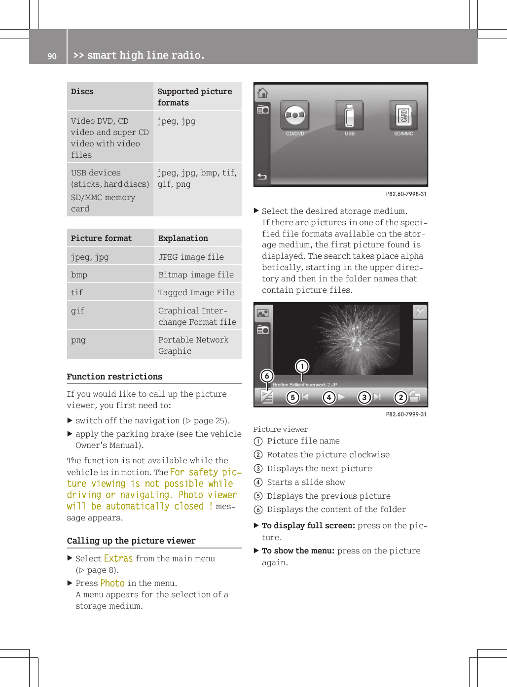 Discs Supported pictureformatsVideo DVD, CDvideo and super CDvideo with videofilesjpeg, jpgUSB devices(sticks, hard discs)SD/MMC memorycardjpeg, jpg, bmp, tif,gif, pngPicture format Explanationjpeg, jpg JPEG image filebmp Bitmap image filetif Tagged Image Filegif Graphical Inter-change Format filepng Portable NetworkGraphicFunction restrictionsIf you would like to call up the pictureviewer, you first need to:Xswitch off the navigation (Y page 25).Xapply the parking brake (see the vehicleOwner's Manual).The function is not available while thevehicle is in motion. The For safety pic‐ture viewing is not possible while driving or navigating. Photo viewer will be automatically closed ! mes-sage appears.Calling up the picture viewerXSelect Extras from the main menu(Y page 8).XPress Photo in the menu.A menu appears for the selection of astorage medium.XSelect the desired storage medium.If there are pictures in one of the speci-fied file formats available on the stor-age medium, the first picture found isdisplayed. The search takes place alpha-betically, starting in the upper direc-tory and then in the folder names thatcontain picture files.Picture viewer:Picture file name;Rotates the picture clockwise=Displays the next picture?Starts a slide showADisplays the previous pictureBDisplays the content of the folderXTo display full screen: press on the pic-ture.XTo show the menu: press on the pictureagain.90 >> smart high line radio.