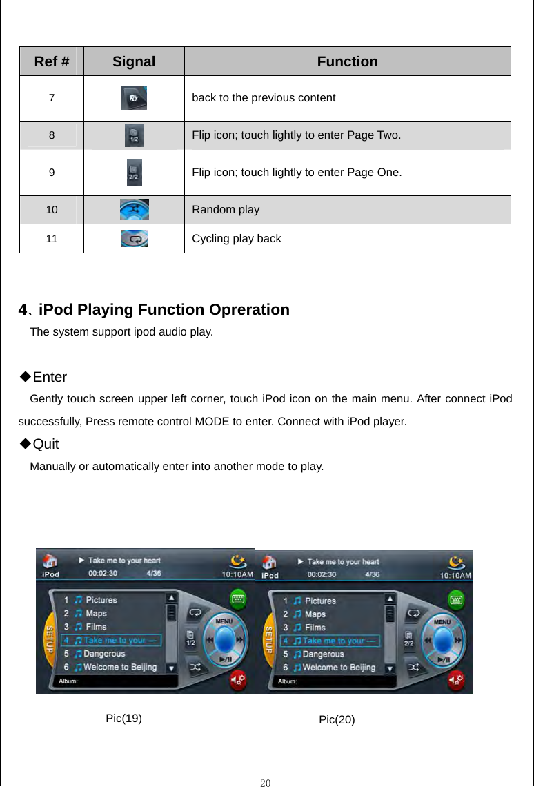  20  Ref #  Signal Function 7   back to the previous content 8   Flip icon; touch lightly to enter Page Two.   9   Flip icon; touch lightly to enter Page One. 10   Random play 11   Cycling play back   4、iPod Playing Function Opreration The system support ipod audio play.  ◆Enter Gently touch screen upper left corner, touch iPod icon on the main menu. After connect iPod successfully, Press remote control MODE to enter. Connect with iPod player. ◆Quit Manually or automatically enter into another mode to play.                      Pic(19)  Pic(20) 