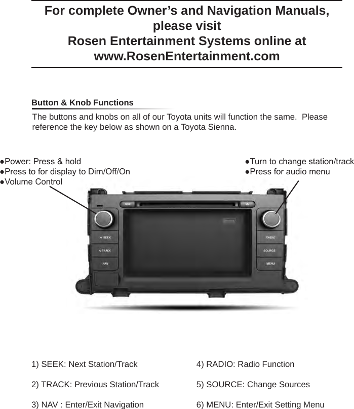 For complete Owner&rsquo;s and Navigation Manuals, please visit Rosen Entertainment Systems online at www.RosenEntertainment.com  Button &amp; Knob FunctionsThe buttons and knobs on all of our Toyota units will function the same.  Please reference the key below as shown on a Toyota Sienna.1) SEEK: Next Station/Track2) TRACK: Previous Station/Track3) NAV : Enter/Exit Navigation4) RADIO: Radio Function5) SOURCE: Change Sources6) MENU: Enter/Exit Setting Menu●Power: Press &amp; hold●Press to for display to Dim/Off/On●Volume Control●Turn to change station/track●Press for audio menu