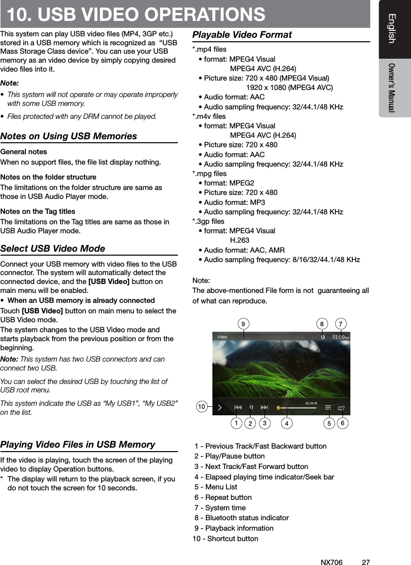 27EnglishEnglish Owner&rsquo;s ManualEnglish Owner&rsquo;s ManualNX70610. USB VIDEO OPERATIONSThis system can play USB video les (MP4, 3GP etc.) stored in a USB memory which is recognized as  &ldquo;USB Mass Storage Class device&rdquo;. You can use your USB memory as an video device by simply copying desired video les into it.Note:&bull;  This system will not operate or may operate improperly with some USB memory.&bull;  Files protected with any DRM cannot be played.Notes on Using USB MemoriesGeneral notesWhen no support les, the le list display nothing.Notes on the folder structureThe limitations on the folder structure are same as those in USB Audio Player mode.Notes on the Tag titlesThe limitations on the Tag titles are same as those in USB Audio Player mode.Select USB Video ModeConnect your USB memory with video les to the USB connector. The system will automatically detect the connected device, and the [USB Video] button on main menu will be enabled. &bull;  When an USB memory is already connectedTouch [USB Video] button on main menu to select the USB Video mode.The system changes to the USB Video mode and starts playback from the previous position or from the beginning.Note: This system has two USB connectors and can connect two USB.You can select the desired USB by touching the list of USB root menu.This system indicate the USB as &ldquo;My USB1&rdquo;, &ldquo;My USB2&rdquo; on the list. Playing Video Files in USB MemoryIf the video is playing, touch the screen of the playing video to display Operation buttons. *  The display will return to the playback screen, if you do not touch the screen for 10 seconds.Playable Video Format*.mp4 les   &bull; format: MPEG4 Visual                   MPEG4 AVC (H.264)   &bull; Picture size: 720 x 480 (MPEG4 Visual)                          1920 x 1080 (MPEG4 AVC)   &bull; Audio format: AAC    &bull; Audio sampling frequency: 32/44.1/48 KHz      *.m4v les   &bull; format: MPEG4 Visual                   MPEG4 AVC (H.264)   &bull; Picture size: 720 x 480   &bull; Audio format: AAC    &bull; Audio sampling frequency: 32/44.1/48 KHz   *.mpg les   &bull; format: MPEG2   &bull; Picture size: 720 x 480    &bull; Audio format: MP3    &bull; Audio sampling frequency: 32/44.1/48 KHz *.3gp les   &bull; format: MPEG4 Visual                    H.263   &bull; Audio format: AAC, AMR    &bull; Audio sampling frequency: 8/16/32/44.1/48 KHz   Note: The above-mentioned File form is not  guaranteeing allof what can reproduce. 1 - Previous Track/Fast Backward button 2 - Play/Pause button 3 - Next Track/Fast Forward button 4 - Elapsed playing time indicator/Seek bar 5 - Menu List 6 - Repeat button 7 - System time 8 - Bluetooth status indicator 9 - Playback information10 - Shortcut button1012349 8 756