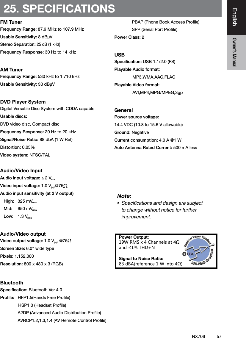57EnglishEnglish Owner&rsquo;s ManualEnglish Owner&rsquo;s Manual25. SPECIFICATIONSFM TunerFrequency Range: 87.9 MHz to 107.9 MHz Usable Sensitivity: 8 dB&micro;VStereo Separation: 25 dB (1 kHz)Frequency Response: 30 Hz to 14 kHzAM TunerFrequency Range: 530 kHz to 1,710 kHz Usable Sensitivity: 30 dB&micro;VDVD Player SystemDigital Versatile Disc System with CDDA capableUsable discs: DVD video disc, Compact discFrequency Response: 20 Hz to 20 kHz Signal/Noise Ratio: 88 dbA (1 W Ref)Distortion: 0.05%Video system: NTSC/PALAudio/Video InputAudio input voltage: &le; 2 VrmsVideo input voltage: 1.0 Vp-p@75Audio input sensitivity (at 2 V output)High:  325 mVrmsMid:  650 mVrmsLow:  1.3 VrmsAudio/Video outputVideo output voltage: 1.0 Vp-p @75Screen Size: 6.0&rdquo; wide typePixels: 1,152,000Resolution: 800 x 480 x 3 (RGB)BluetoothSpecication: Bluetooth Ver 4.0Prole:   HFP1.5(Hands Free Prole)                HSP1.0 (Headset Prole)     A2DP (Advanced Audio Distribution Prole)  AVRCP1.2,1.3,1.4 (AV Remote Control Prole)  PBAP (Phone Book Access Prole)  SPP (Serial Port Prole)Power Class: 2USBSpecication: USB 1.1/2.0 (FS)Playable Audio format:                MP3,WMA,AAC,FLACPlayable Video format:                AVI,MP4,MPG/MPEG,3gpGeneralPower source voltage:14.4 VDC (10.8 to 15.6 V allowable) Ground: NegativeCurrent consumption: 4.0 A @1 W Auto Antenna Rated Current: 500 mA less Note:&bull;  Specications and design are subject to change without notice for further improvement.Power Output:19W RMS x 4 Channels at 4&Omega;and &le;1% THD+NSignal to Noise Ratio:83 dBA(reference 1 W into 4&Omega;)NX706