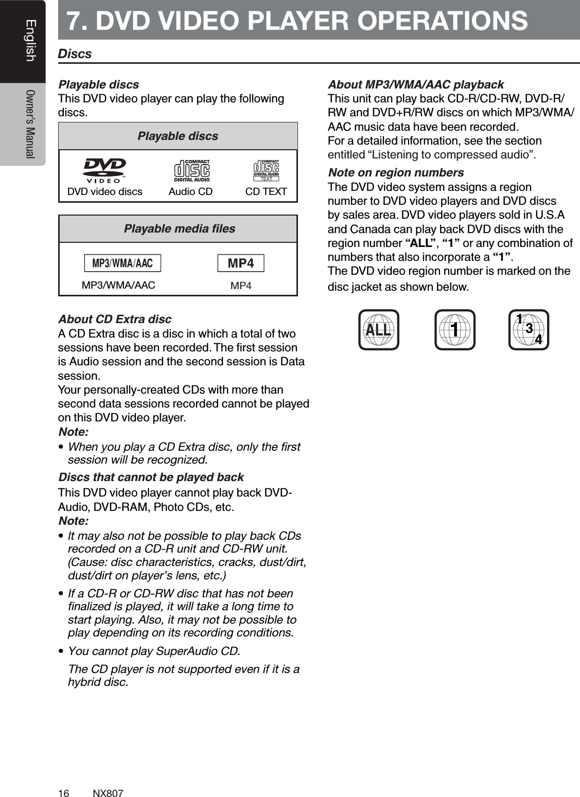 16 NX807English Owner&rsquo;s Manual7. DVD VIDEO PLAYER OPERATIONS #This DVD video player can play the following discs.#CD TEXTDVD video discs Audio CD#MP3/WMA/AAC$%&amp;A CD Extra disc is a disc in which a total of two is Audio session and the second session is Data session.Your personally-created CDs with more than second data sessions recorded cannot be played on this DVD video player.Note:tWhen you play a CD Extra disc, only the ﬁrst session will be recognized.$"This DVD video player cannot play back DVD-Audio, DVD-RAM, Photo CDs, etc.Note:t It may also not be possible to play back CDs recorded on a CD-R unit and CD-RW unit. (Cause: disc characteristics, cracks, dust/dirt, dust/dirt on player&rsquo;s lens, etc.)tIf a CD-R or CD-RW disc that has not been ﬁnalized is played, it will take a long time to start playing. Also, it may not be possible to play depending on its recording conditions.tYou cannot play SuperAudio CD.   The CD player is not supported even if it is a hybrid disc.'#()*')"This unit can play back CD-R/CD-RW, DVD-R/ RW and DVD+R/RW discs on which MP3/WMA/AAC music data have been recorded.For a detailed information, see the section entitled &ldquo;Listening to compressed audio&rdquo;.+The DVD video system assigns a region number to DVD video players and DVD discs by sales area. DVD video players sold in U.S.A and Canada can play back DVD discs with the region number &ldquo;ALL&rdquo;, &ldquo;1&rdquo; or any combination of numbers that also incorporate a &ldquo;1&rdquo;.The DVD video region number is marked on the disc jacket as shown below.1ALL1(4DiscsMP4