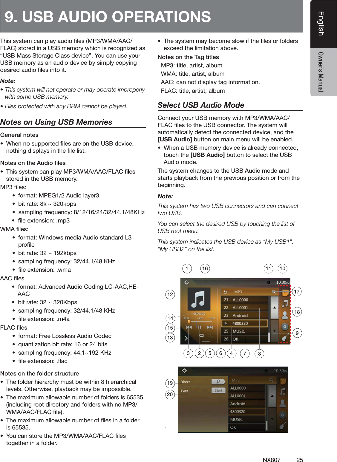 25NX807EnglishEnglish Owner&rsquo;s Manual4HISSYSTEMCANPLAYAUDIOlLES-07-!!!#&amp;,!#STOREDINA53"MEMORYWHICHISRECOGNIZEDASh53"-ASS3TORAGE#LASSDEVICEv9OUCANUSEYOUR53"MEMORYASANAUDIODEVICEBYSIMPLYCOPYINGDESIREDAUDIOlLESINTOITNote: s4HISSYSTEMWILLNOTOPERATEORMAYOPERATEIMPROPERLYWITHSOME53"MEMORYs&amp;ILESPROTECTEDWITHANY$2-CANNOTBEPLAYEDNotes on Using USB MemoriesGeneral notess 7HENNOSUPPORTEDlLESAREONTHE53"DEVICENOTHINGDISPLAYSINTHElLELIST.OTESONTHE!UDIOlLESs4HISSYSTEMCANPLAY-07-!!!#&amp;,!#lLESSTOREDINTHE53"MEMORY-0lLESs FORMAT-0%'!UDIOLAYERs BITRATEK^KBPSsSAMPLINGFREQUENCY+(ZslLEEXTENSIONMP7-!lLESs FORMAT7INDOWSMEDIA!UDIOSTANDARD,PROlLEs BITRATE^KBPSs SAMPLINGFREQUENCY+(Zs lLEEXTENSIONWMA!!#lLESsFORMAT!DVANCED!UDIO#ODING,#!!#(%       AAC  sBITRATE^+BPSs SAMPLINGFREQUENCY+(Zs lLEEXTENSIONMA&amp;,!#lLESs FORMAT&amp;REE,OSSLESS!UDIO#ODECs QUANTIZATIONBITRATEORBITSs SAMPLINGFREQUENCY^+(Zs lLEEXTENSIONmAC.OTESONTHEFOLDERSTRUCTUREs 4HEFOLDERHIERARCHYMUSTBEWITHINHIERARCHICALLEVELS/THERWISEPLAYBACKMAYBEIMPOSSIBLEs 4HEMAXIMUMALLOWABLENUMBEROFFOLDERSISINCLUDINGROOTDIRECTORYANDFOLDERSWITHNO-07-!!!#&amp;,!#lLEs 4HEMAXIMUMALLOWABLENUMBEROFlLESINAFOLDERISs 9OUCANSTORETHE-07-!!!#&amp;,!#lLESTOGETHERINAFOLDERs 4HESYSTEMMAYBECOMESLOWIFTHElLESORFOLDERSEXCEEDTHELIMITATIONABOVENotes on the Tag titles-0TITLEARTISTALBUM7-!TITLEARTISTALBUM!!#CANNOTDISPLAYTAGINFORMATION&amp;,!#TITLEARTISTALBUMSelect USB Audio Mode#ONNECTYOUR53"MEMORYWITH-07-!!!#&amp;,!#lLESTOTHE53"CONNECTOR4HESYSTEMWILLAUTOMATICALLYDETECTTHECONNECTEDDEVICEANDTHE[USB Audio]BUTTONONMAINMENUWILLBEENABLEDs 7HENA53"MEMORYDEVICEISALREADYCONNECTEDTOUCHTHE[USB Audio]BUTTONTOSELECTTHE53"!UDIOMODE4HESYSTEMCHANGESTOTHE53"!UDIOMODEANDSTARTSPLAYBACKFROMTHEPREVIOUSPOSITIONORFROMTHEBEGINNINGNote:4HISSYSTEMHASTWO53"CONNECTORSANDCANCONNECTTWO53"9OUCANSELECTTHEDESIRED53"BYTOUCHINGTHELISTOF53"ROOTMENU4HISSYSTEMINDICATESTHE53"DEVICEASh-Y53"vh-Y53"vONTHELIST9. USB AUDIO OPERATIONS 1920712135648239101111415161718
