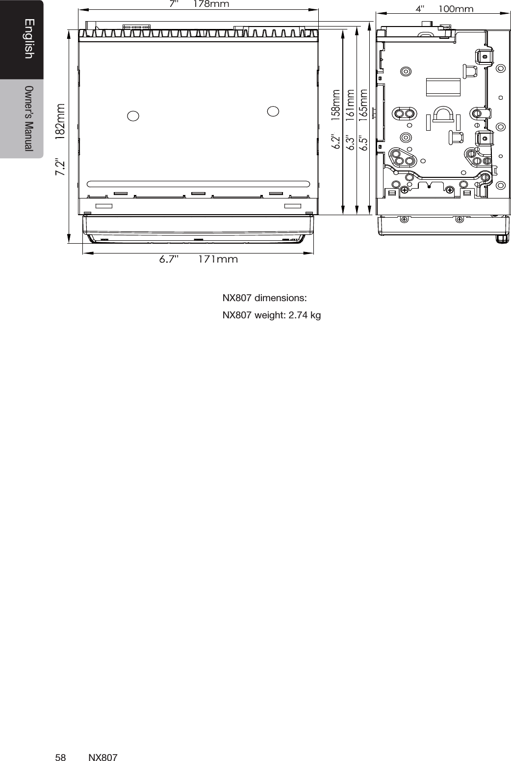 58 NX807English Owner&rsquo;s Manual.8DIMENSIONS.8WEIGHTKG