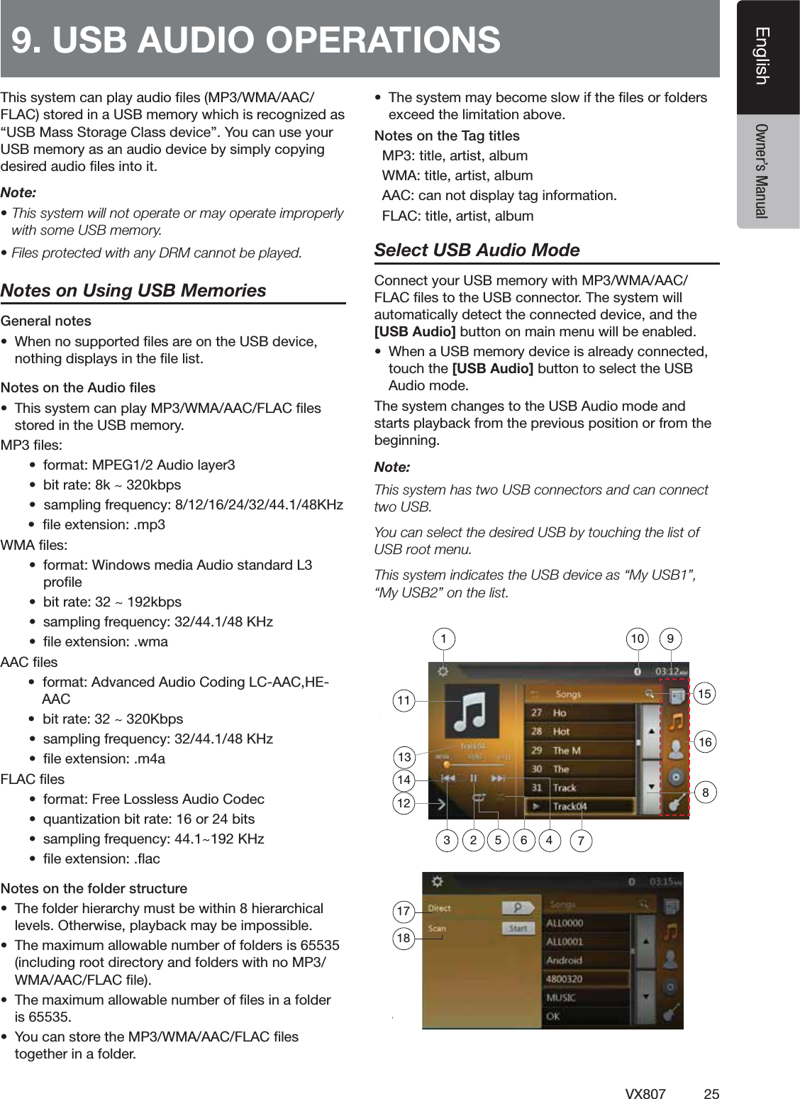 25VX807EnglishEnglish Owner&rsquo;s Manual4HISSYSTEMCANPLAYAUDIOlLES-07-!!!#&amp;,!#STOREDINA53"MEMORYWHICHISRECOGNIZEDASh53"-ASS3TORAGE#LASSDEVICEv9OUCANUSEYOUR53"MEMORYASANAUDIODEVICEBYSIMPLYCOPYINGDESIREDAUDIOlLESINTOITNote: s4HISSYSTEMWILLNOTOPERATEORMAYOPERATEIMPROPERLYWITHSOME53"MEMORYs&amp;ILESPROTECTEDWITHANY$2-CANNOTBEPLAYEDNotes on Using USB MemoriesGeneral notess 7HENNOSUPPORTEDlLESAREONTHE53"DEVICENOTHINGDISPLAYSINTHElLELIST.OTESONTHE!UDIOlLESs4HISSYSTEMCANPLAY-07-!!!#&amp;,!#lLESSTOREDINTHE53"MEMORY-0lLESs FORMAT-0%'!UDIOLAYERs BITRATEK^KBPSsSAMPLINGFREQUENCY+(ZslLEEXTENSIONMP7-!lLESs FORMAT7INDOWSMEDIA!UDIOSTANDARD,PROlLEs BITRATE^KBPSs SAMPLINGFREQUENCY+(Zs lLEEXTENSIONWMA!!#lLESsFORMAT!DVANCED!UDIO#ODING,#!!#(%       AAC  sBITRATE^+BPSs SAMPLINGFREQUENCY+(Zs lLEEXTENSIONMA&amp;,!#lLESs FORMAT&amp;REE,OSSLESS!UDIO#ODECs QUANTIZATIONBITRATEORBITSs SAMPLINGFREQUENCY^+(Zs lLEEXTENSIONmAC.OTESONTHEFOLDERSTRUCTUREs 4HEFOLDERHIERARCHYMUSTBEWITHINHIERARCHICALLEVELS/THERWISEPLAYBACKMAYBEIMPOSSIBLEs 4HEMAXIMUMALLOWABLENUMBEROFFOLDERSISINCLUDINGROOTDIRECTORYANDFOLDERSWITHNO-07-!!!#&amp;,!#lLEs 4HEMAXIMUMALLOWABLENUMBEROFlLESINAFOLDERISs 9OUCANSTORETHE-07-!!!#&amp;,!#lLESTOGETHERINAFOLDERs 4HESYSTEMMAYBECOMESLOWIFTHElLESORFOLDERSEXCEEDTHELIMITATIONABOVENotes on the Tag titles-0TITLEARTISTALBUM7-!TITLEARTISTALBUM!!#CANNOTDISPLAYTAGINFORMATION&amp;,!#TITLEARTISTALBUMSelect USB Audio Mode#ONNECTYOUR53"MEMORYWITH-07-!!!#&amp;,!#lLESTOTHE53"CONNECTOR4HESYSTEMWILLAUTOMATICALLYDETECTTHECONNECTEDDEVICEANDTHE[USB Audio]BUTTONONMAINMENUWILLBEENABLEDs 7HENA53"MEMORYDEVICEISALREADYCONNECTEDTOUCHTHE[USB Audio]BUTTONTOSELECTTHE53"!UDIOMODE4HESYSTEMCHANGESTOTHE53"!UDIOMODEANDSTARTSPLAYBACKFROMTHEPREVIOUSPOSITIONORFROMTHEBEGINNINGNote:4HISSYSTEMHASTWO53"CONNECTORSANDCANCONNECTTWO53"9OUCANSELECTTHEDESIRED53"BYTOUCHINGTHELISTOF53"ROOTMENU4HISSYSTEMINDICATESTHE53"DEVICEASh-Y53"vh-Y53"vONTHELIST9. USB AUDIO OPERATIONS 171871112564238910113141516