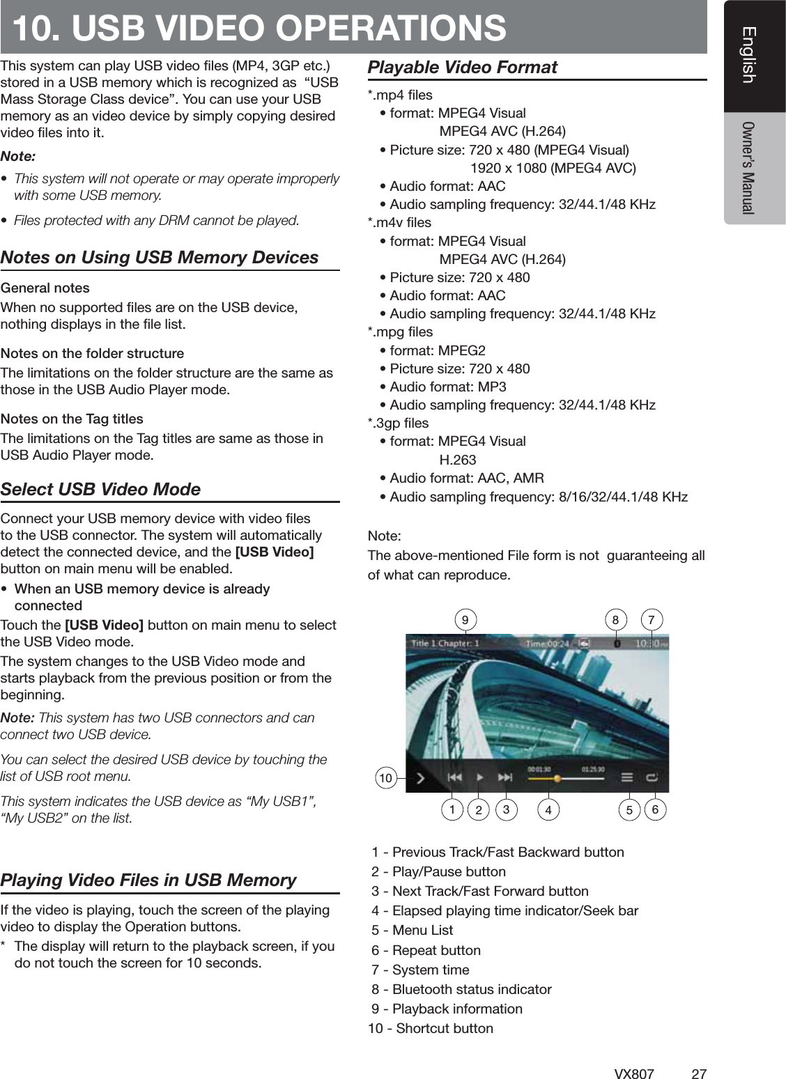 27VX807EnglishEnglish Owner&rsquo;s Manual10. USB VIDEO OPERATIONS4HISSYSTEMCANPLAY53"VIDEOlLES-0'0ETCSTOREDINA53"MEMORYWHICHISRECOGNIZEDASh53"-ASS3TORAGE#LASSDEVICEv9OUCANUSEYOUR53"MEMORYASANVIDEODEVICEBYSIMPLYCOPYINGDESIREDVIDEOlLESINTOITNote:s 4HISSYSTEMWILLNOTOPERATEORMAYOPERATEIMPROPERLYWITHSOME53"MEMORYs &amp;ILESPROTECTEDWITHANY$2-CANNOTBEPLAYEDNotes on Using USB Memory DevicesGeneral notes7HENNOSUPPORTEDlLESAREONTHE53"DEVICENOTHINGDISPLAYSINTHElLELIST.OTESONTHEFOLDERSTRUCTURE4HELIMITATIONSONTHEFOLDERSTRUCTUREARETHESAMEASTHOSEINTHE53"!UDIO0LAYERMODENotes on the Tag titles4HELIMITATIONSONTHE4AGTITLESARESAMEASTHOSEIN53"!UDIO0LAYERMODESelect USB Video Mode#ONNECTYOUR53"MEMORYDEVICEWITHVIDEOlLESTOTHE53"CONNECTOR4HESYSTEMWILLAUTOMATICALLYDETECTTHECONNECTEDDEVICEANDTHE[USB Video] BUTTONONMAINMENUWILLBEENABLEDs 7HENAN53"MEMORYDEVICEISALREADYCONNECTED4OUCHTHE[USB Video]BUTTONONMAINMENUTOSELECTTHE53"6IDEOMODE4HESYSTEMCHANGESTOTHE53"6IDEOMODEANDSTARTSPLAYBACKFROMTHEPREVIOUSPOSITIONORFROMTHEBEGINNINGNote:4HISSYSTEMHASTWO53"CONNECTORSANDCANCONNECTTWO53"DEVICE9OUCANSELECTTHEDESIRED53"DEVICEBYTOUCHINGTHELISTOF53"ROOTMENU4HISSYSTEMINDICATESTHE53"DEVICEASh-Y53"vh-Y53"vONTHELISTPlaying Video Files in USB Memory)FTHEVIDEOISPLAYINGTOUCHTHESCREENOFTHEPLAYINGVIDEOTODISPLAYTHE/PERATIONBUTTONS 4HEDISPLAYWILLRETURNTOTHEPLAYBACKSCREENIFYOUDONOTTOUCHTHESCREENFORSECONDSPlayable Video FormatMPlLES   sFORMAT-0%'6ISUAL-0%'!6#(   s0ICTURESIZEX-0%'6ISUAL X-0%'!6#   s!UDIOFORMAT!!#   s!UDIOSAMPLINGFREQUENCY+(ZMVlLES   sFORMAT-0%'6ISUAL -0%'!6#(   s0ICTURESIZEX   s!UDIOFORMAT!!#   s!UDIOSAMPLINGFREQUENCY+(ZMPGlLES   sFORMAT-0%'   s0ICTURESIZEX   s!UDIOFORMAT-0   s!UDIOSAMPLINGFREQUENCY+(ZGPlLES   sFORMAT-0%'6ISUAL(   s!UDIOFORMAT!!#!-2   s!UDIOSAMPLINGFREQUENCY+(Z  .OTE4HEABOVEMENTIONED&amp;ILEFORMISNOTGUARANTEEINGALLOFWHATCANREPRODUCE0REVIOUS4RACK&amp;AST"ACKWARDBUTTON0LAY0AUSEBUTTON.EXT4RACK&amp;AST&amp;ORWARDBUTTON%LAPSEDPLAYINGTIMEINDICATOR3EEKBAR-ENU,IST2EPEATBUTTON3YSTEMTIME"LUETOOTHSTATUSINDICATOR0LAYBACKINFORMATION3HORTCUTBUTTON1012349 8 756