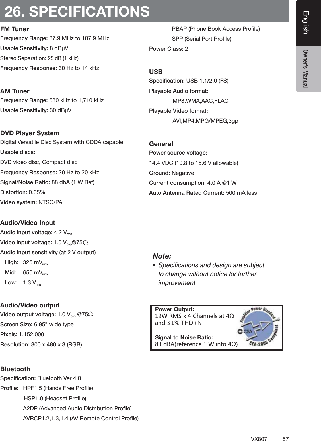 57VX807EnglishEnglish Owner&rsquo;s Manual26. SPECIFICATIONSFM Tuner&amp;REQUENCY2ANGE -(ZTO-(Z5SABLE3ENSITIVITYD"&laquo;63TEREO3EPARATION D"K(Z&amp;REQUENCY2ESPONSE(ZTOK(ZAM Tuner&amp;REQUENCY2ANGEK(ZTOK(Z5SABLE3ENSITIVITYD"&laquo;6DVD Player System$IGITAL6ERSATILE$ISC3YSTEMWITH#$$!CAPABLE5SABLEDISCS$6$VIDEODISC#OMPACTDISC&amp;REQUENCY2ESPONSE(ZTOK(Z3IGNAL.OISE2ATIO88 DB!72EF$ISTORTION0.05%6IDEOSYSTEM.43#0!,Audio/Video Input!UDIOINPUTVOLTAGE d6RMS6IDEOINPUTVOLTAGE6PP !UDIOINPUTSENSITIVITYAT6OUTPUT(IGH M6RMS-ID M6RMS,OW 6RMSAudio/Video output6IDEOOUTPUTVOLTAGE6PP 3CREEN3IZEvWIDETYPE0IXELS2ESOLUTIONXX2'"Bluetooth3PECIlCATION"LUETOOTH6ER0ROlLE(0&amp;(ANDS&amp;REE0ROlLE(30(EADSET0ROlLE !$0!DVANCED!UDIO$ISTRIBUTION0ROlLE !62#0!62EMOTE#ONTROL0ROlLE 0"!00HONE"OOK!CCESS0ROlLE 3003ERIAL0ORT0ROlLE0OWER#LASS 2USB3PECIlCATION53"&amp;30LAYABLE!UDIOFORMAT-07-!!!#&amp;,!#0LAYABLE6IDEOFORMAT!6)-0-0'-0%'GPGeneral0OWERSOURCEVOLTAGE6$#TO6ALLOWABLE'ROUND.EGATIVE#URRENTCONSUMPTION! 7!UTO!NTENNA2ATED#URRENTM!LESSNote: to change without notice for further improvement.Power Output:=839^)NGTTKRYGZ&oelig;GTJʇ:.*4Signal to Noise Ratio:J('XKLKXKTIK=OTZU&oelig;