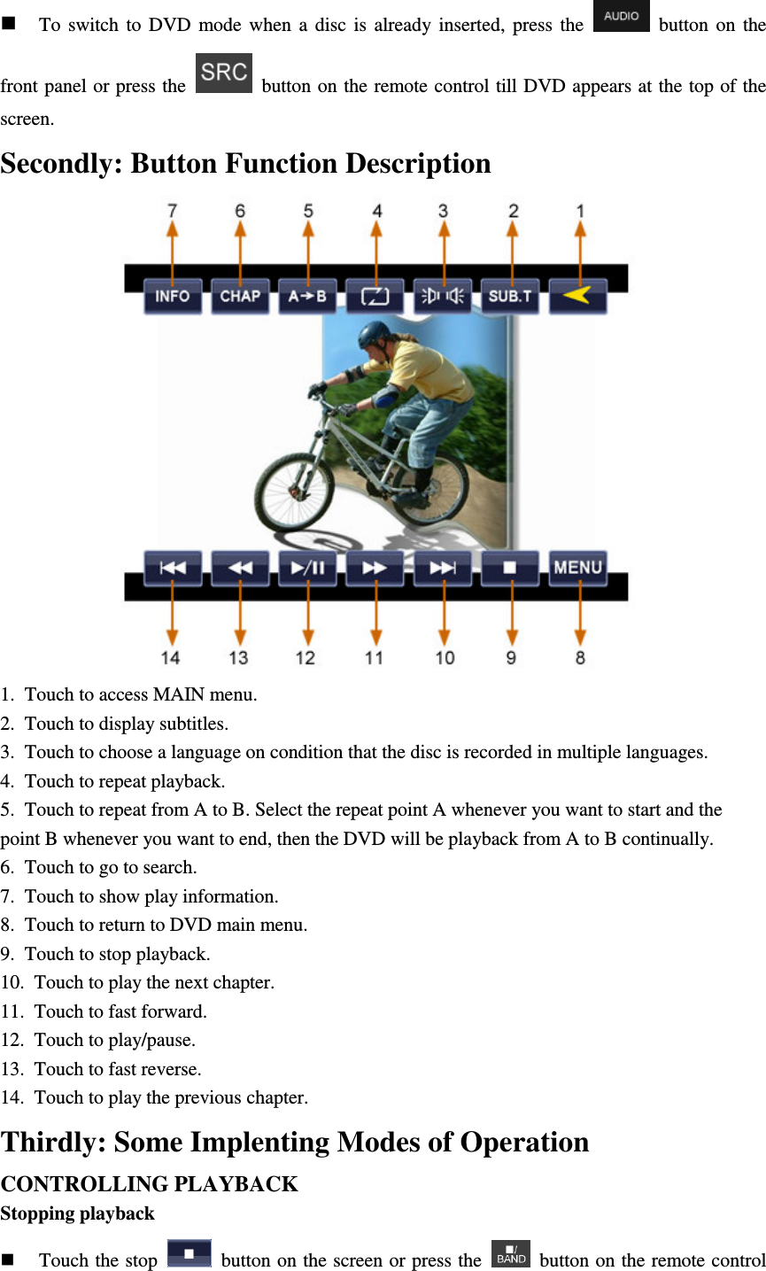  To  switch  to  DVD  mode  when  a  disc  is  already  inserted,  press  the    button on  the front panel or press the    button on the remote control till DVD appears at the top of the screen. Secondly: Button Function Description  1.  Touch to access MAIN menu. 2.  Touch to display subtitles. 3.  Touch to choose a language on condition that the disc is recorded in multiple languages. 4.  Touch to repeat playback. 5.  Touch to repeat from A to B. Select the repeat point A whenever you want to start and the point B whenever you want to end, then the DVD will be playback from A to B continually. 6.  Touch to go to search. 7.  Touch to show play information. 8.  Touch to return to DVD main menu.   9.  Touch to stop playback. 10.  Touch to play the next chapter. 11.  Touch to fast forward. 12.  Touch to play/pause. 13.  Touch to fast reverse. 14.  Touch to play the previous chapter. Thirdly: Some Implenting Modes of Operation CONTROLLING PLAYBACK Stopping playback  Touch the stop    button on the screen or press the    button on the remote control 