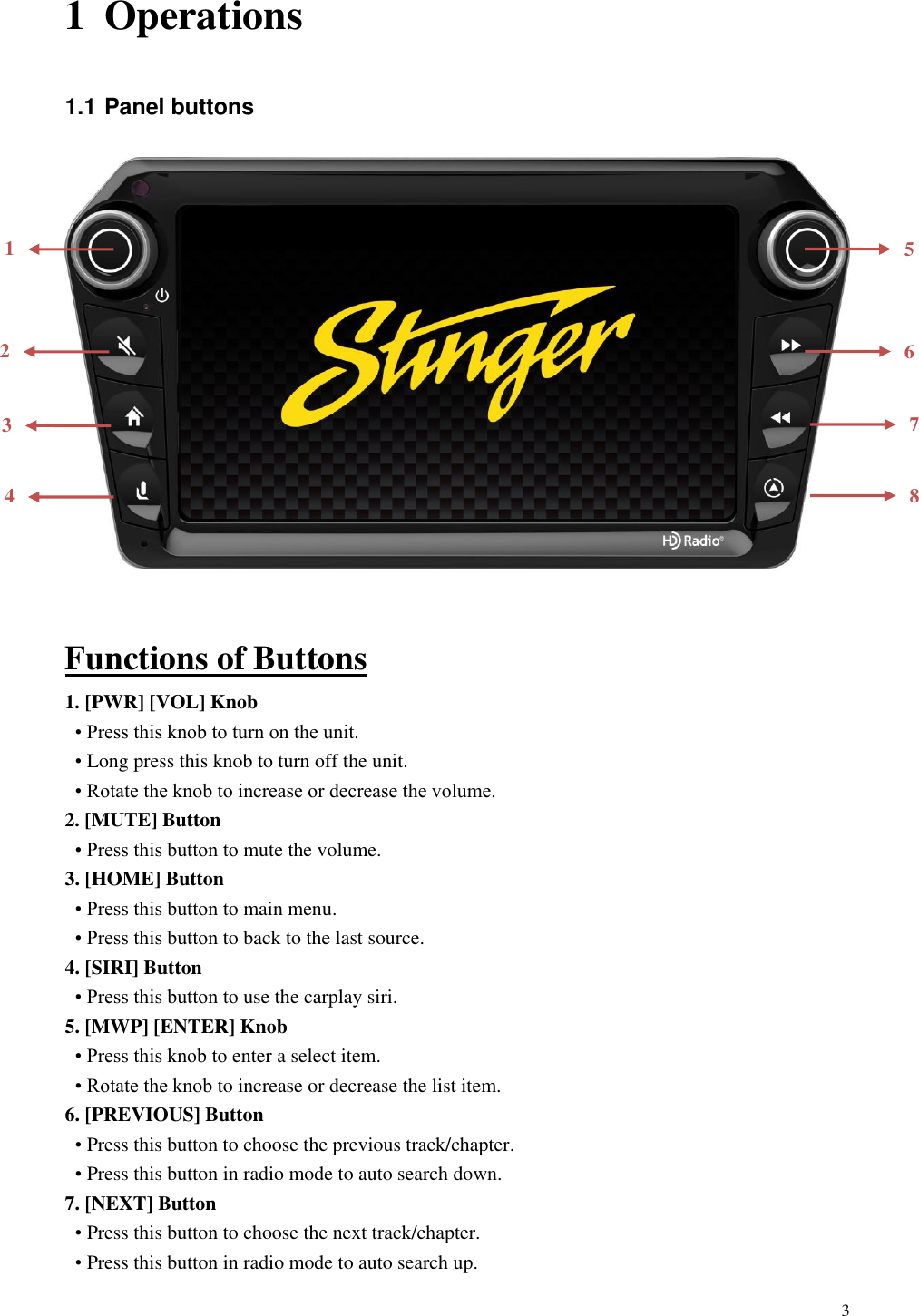 3  1 Operations 1.1 Panel buttons    Functions of Buttons 1. [PWR] [VOL] Knob &bull; Press this knob to turn on the unit.   &bull; Long press this knob to turn off the unit.   &bull; Rotate the knob to increase or decrease the volume. 2. [MUTE] Button &bull; Press this button to mute the volume. 3. [HOME] Button &bull; Press this button to main menu. &bull; Press this button to back to the last source. 4. [SIRI] Button &bull; Press this button to use the carplay siri. 5. [MWP] [ENTER] Knob &bull; Press this knob to enter a select item.   &bull; Rotate the knob to increase or decrease the list item. 6. [PREVIOUS] Button  &bull; Press this button to choose the previous track/chapter. &bull; Press this button in radio mode to auto search down. 7. [NEXT] Button &bull; Press this button to choose the next track/chapter. &bull; Press this button in radio mode to auto search up. 1 2 3 4 5 6 7 8 
