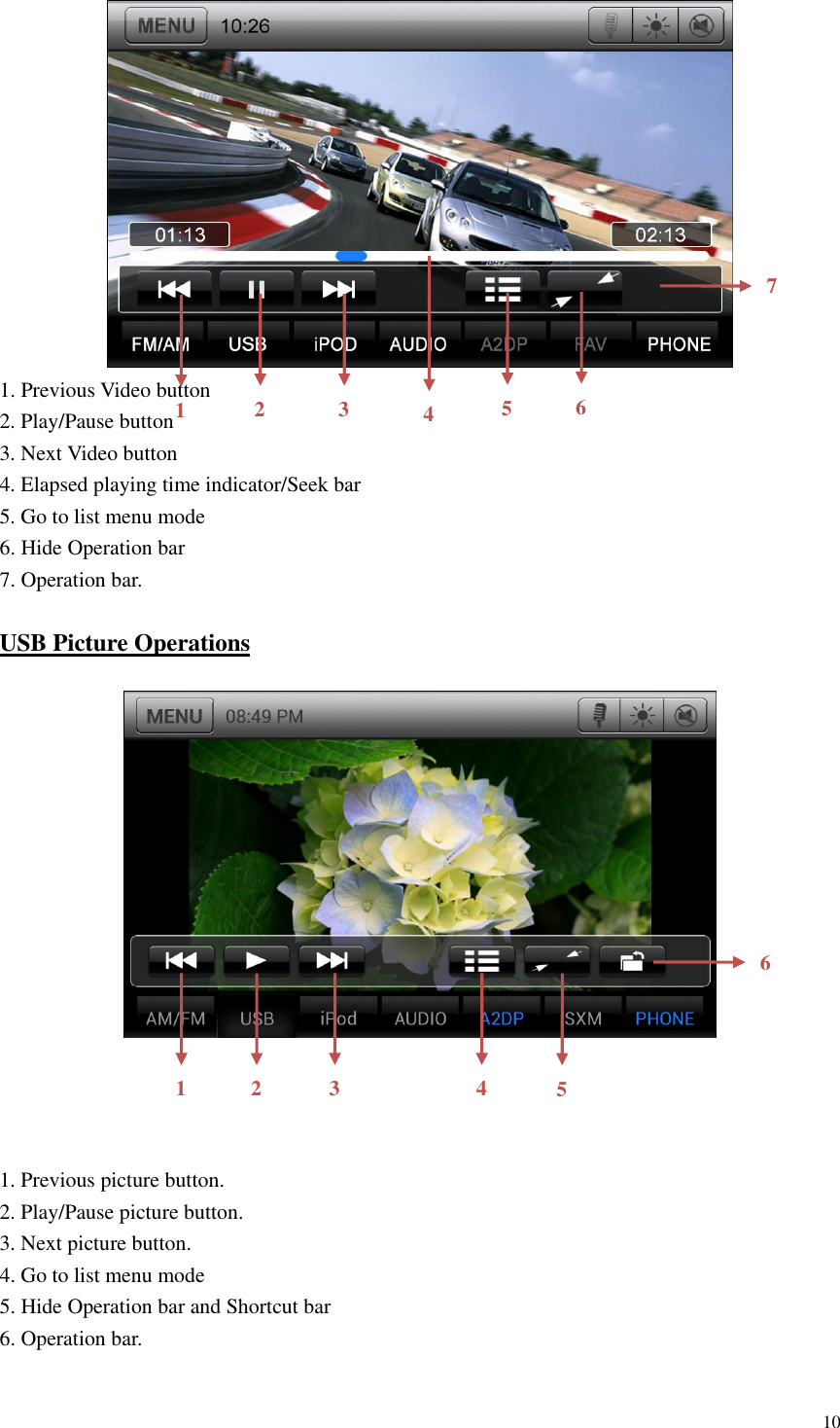 10   1. Previous Video button 2. Play/Pause button 3. Next Video button 4. Elapsed playing time indicator/Seek bar 5. Go to list menu mode 6. Hide Operation bar 7. Operation bar.  USB Picture Operations                 1. Previous picture button. 2. Play/Pause picture button. 3. Next picture button. 4. Go to list menu mode 5. Hide Operation bar and Shortcut bar 6. Operation bar. 1 2 3 5 6 4 7 1 2 3 4 5 6 