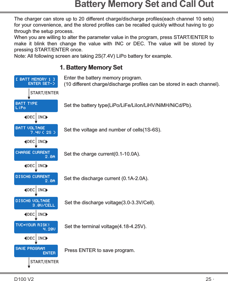 Battery Memory Set and Call Out[ B ATT M E MOR Y 1 ]      E NT E R S ET- &gt;B ATT T Y PEL i P oB ATT V O LTA G E       7 .4 V ( 2 S )C HAR G E CUR R E NT              2 .0 AD ISC H G CUR R E NT              2 .0 AD ISC H G VOL T A GE        3 .0 V / CEL LT VC= Y OUR R I S K!             4 .2 0 VS AVE P R OGR A M              E NT E RThe charger can store up to 20 different charge/discharge profiles(each channel 10 sets) for your convenience, and the stored profiles can be recalled quickly without having to go through the setup process.When you are willing to alter the parameter value in the program, press START/ENTER to make  it  blink  then  change  the  value  with  INC  or  DEC.  The  value  will  be  stored  by pressing START/ENTER once.Note: All following screen are taking 2S(7.4V) LiPo battery for example.Enter the battery memory program.(10 different charge/discharge profiles can be stored in each channel).Set the battery type(LiPo/LiFe/LiIon/LiHV/NiMH/NiCd/Pb).Set the voltage and number of cells(1S-6S).Set the charge current(0.1-10.0A).Set the discharge current (0.1A-2.0A).Set the discharge voltage(3.0-3.3V/Cell).Set the terminal voltage(4.18-4.25V).Press ENTER to save program.1. Battery Memory SetSTART/ENTERDEC INCDEC INCDEC INCDEC INCDEC INCDEC INCSTART/ENTER25 ·D100 V2